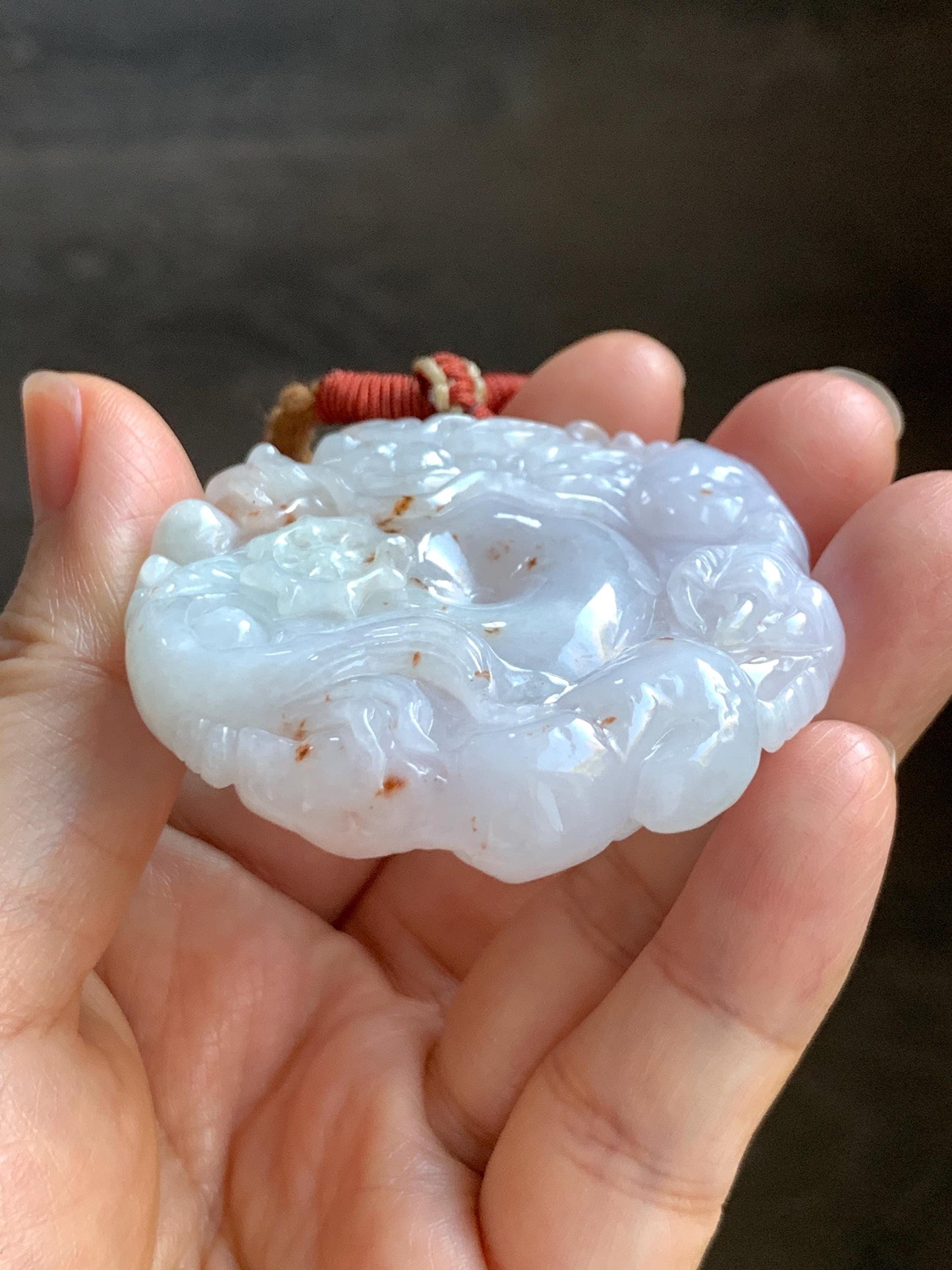 Natural Grade A Icy Translucent Pastel Purple Red Marbled Jadeite Carved Dragon Ping An Kou Donut Pendant Necklace 天然冰紫底撒金翡翠盘龙平安扣吊坠SML306