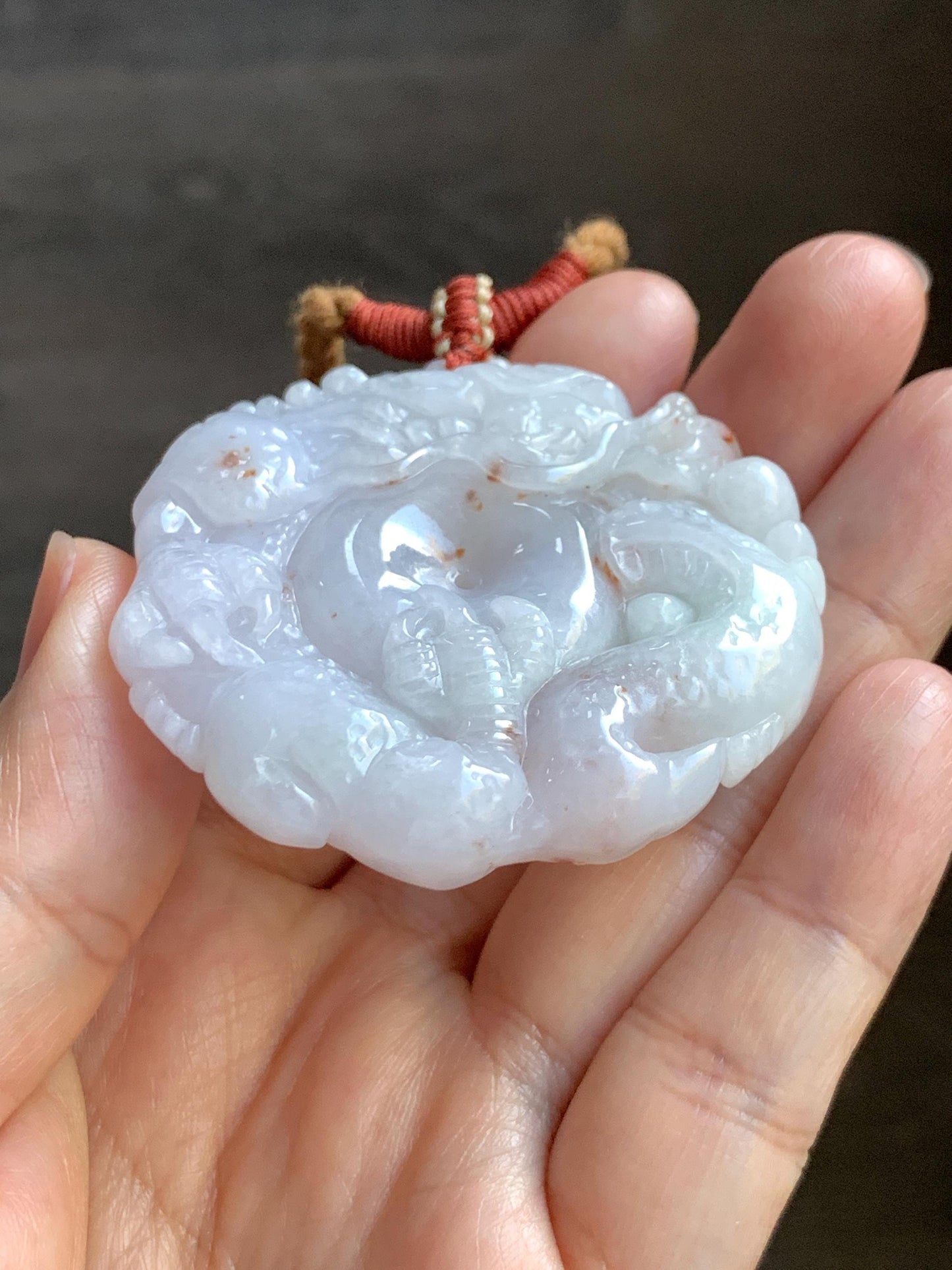 Natural Grade A Icy Translucent Pastel Purple Red Marbled Jadeite Carved Dragon Ping An Kou Donut Pendant Necklace 天然冰紫底撒金翡翠盘龙平安扣吊坠SML306