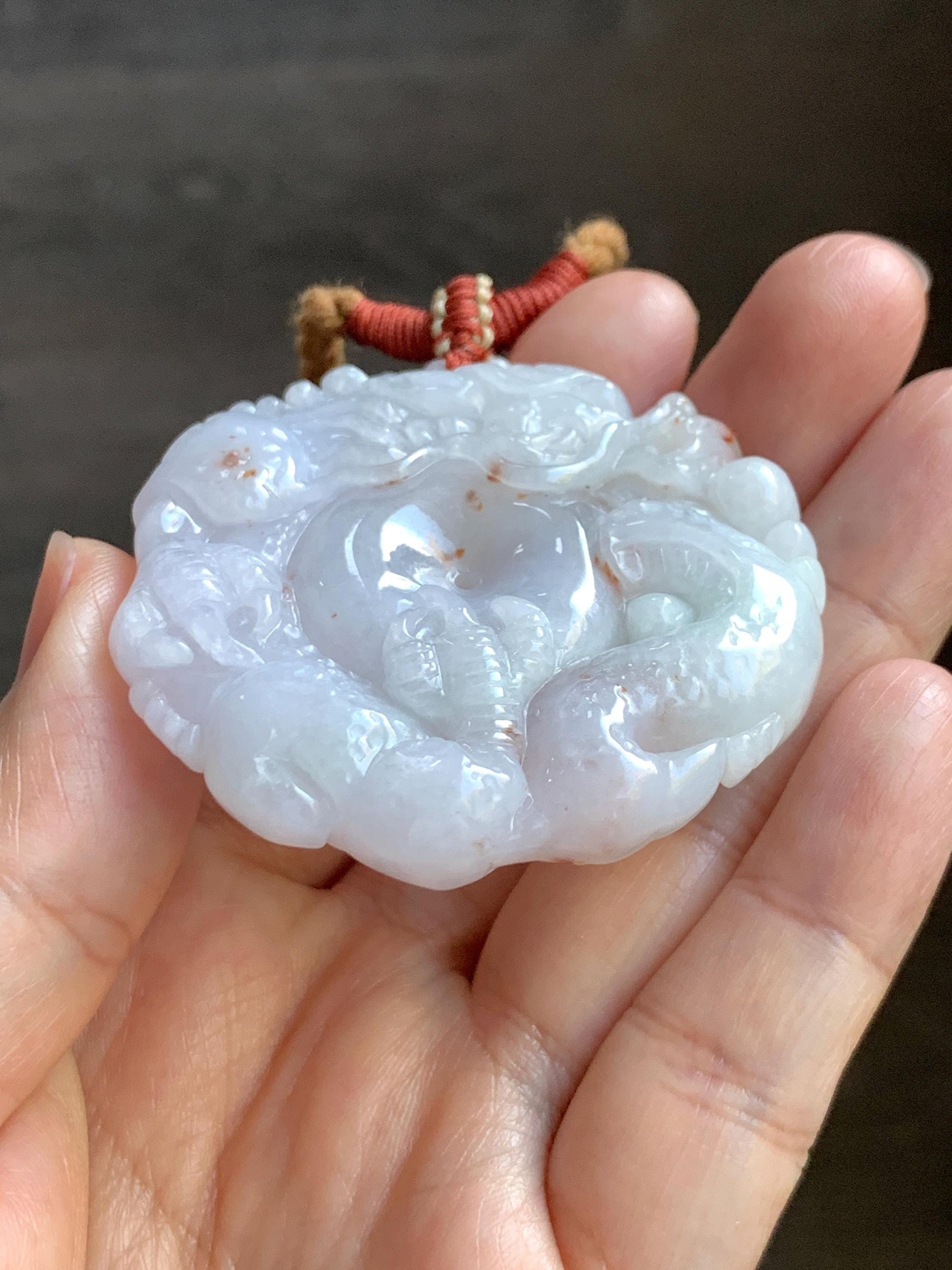 Natural Grade A Icy Translucent Pastel Purple Red Marbled Jadeite Carved Dragon Ping An Kou Donut Pendant Necklace 天然冰紫底撒金翡翠盘龙平安扣吊坠SML306