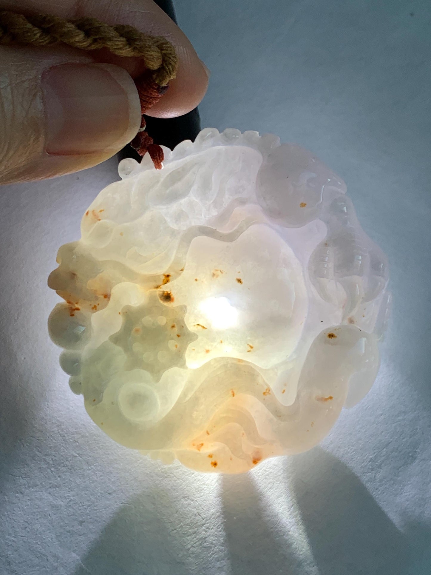 Natural Grade A Icy Translucent Pastel Purple Red Marbled Jadeite Carved Dragon Ping An Kou Donut Pendant Necklace 天然冰紫底撒金翡翠盘龙平安扣吊坠SML306