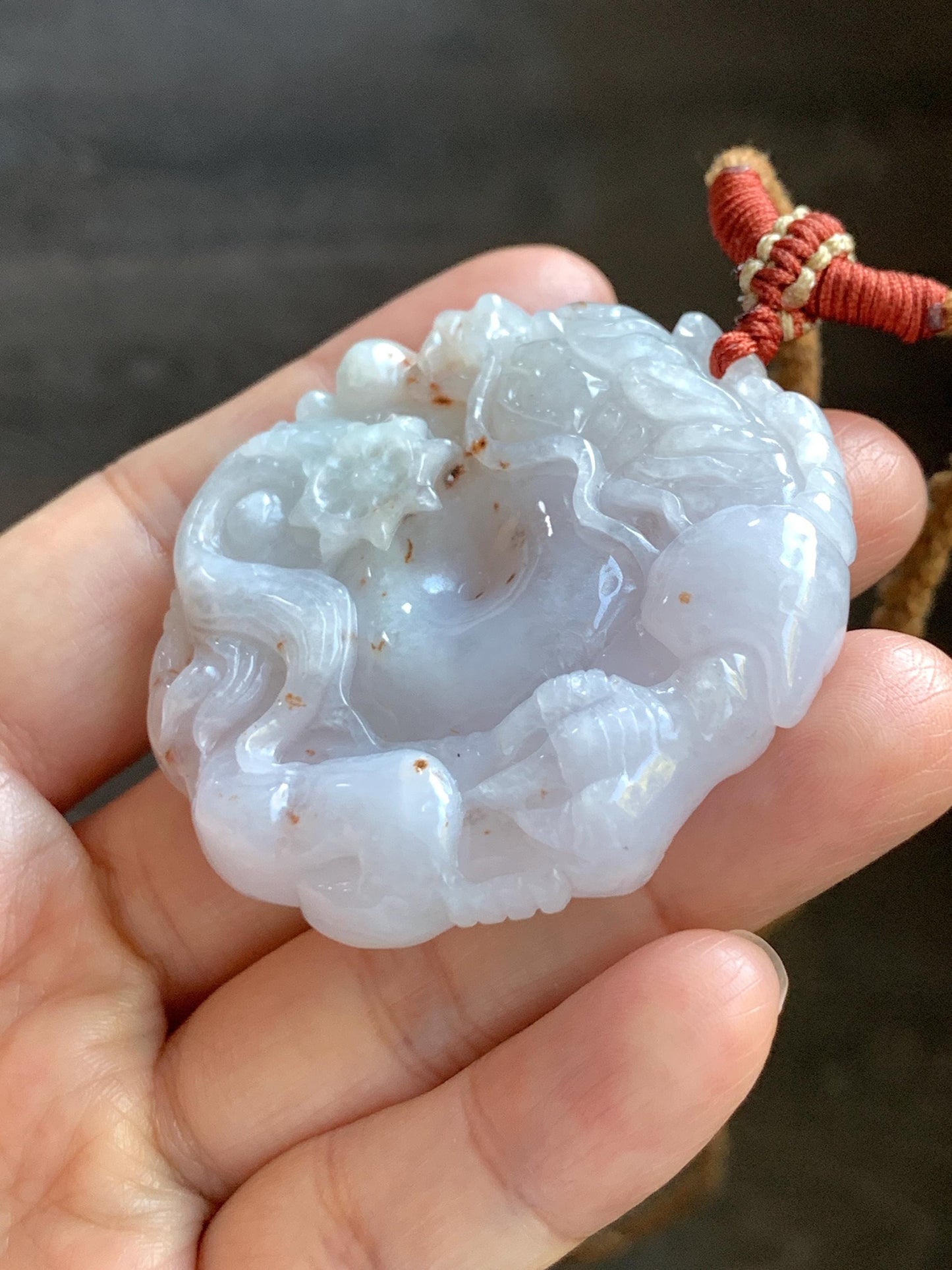 Natural Grade A Icy Translucent Pastel Purple Red Marbled Jadeite Carved Dragon Ping An Kou Donut Pendant Necklace 天然冰紫底撒金翡翠盘龙平安扣吊坠SML306