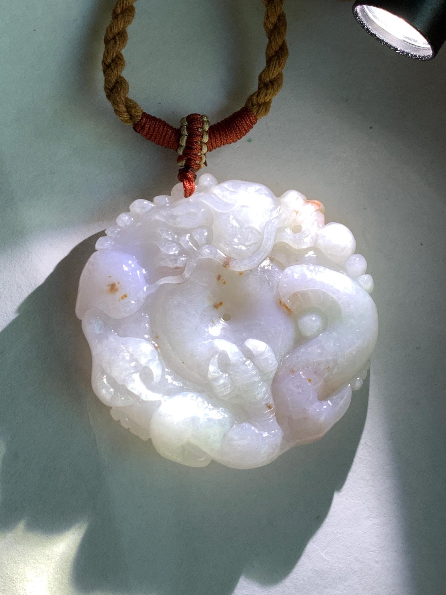 Natural Grade A Icy Translucent Pastel Purple Red Marbled Jadeite Carved Dragon Ping An Kou Donut Pendant Necklace 天然冰紫底撒金翡翠盘龙平安扣吊坠SML306