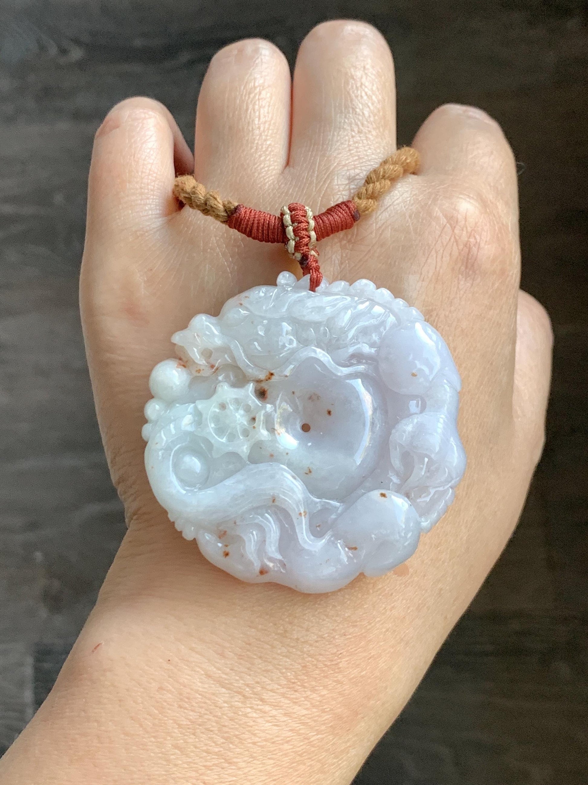 Natural Grade A Icy Translucent Pastel Purple Red Marbled Jadeite Carved Dragon Ping An Kou Donut Pendant Necklace 天然冰紫底撒金翡翠盘龙平安扣吊坠SML306