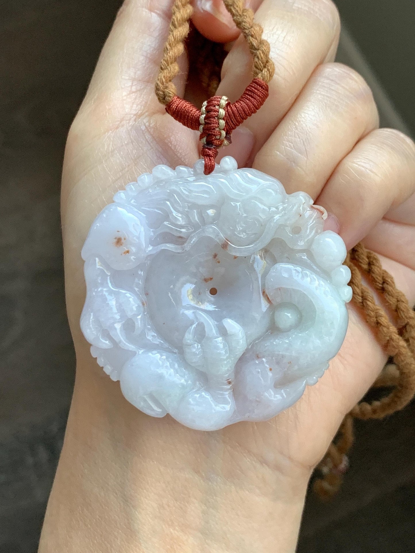 Natural Grade A Icy Translucent Pastel Purple Red Marbled Jadeite Carved Dragon Ping An Kou Donut Pendant Necklace 天然冰紫底撒金翡翠盘龙平安扣吊坠SML306