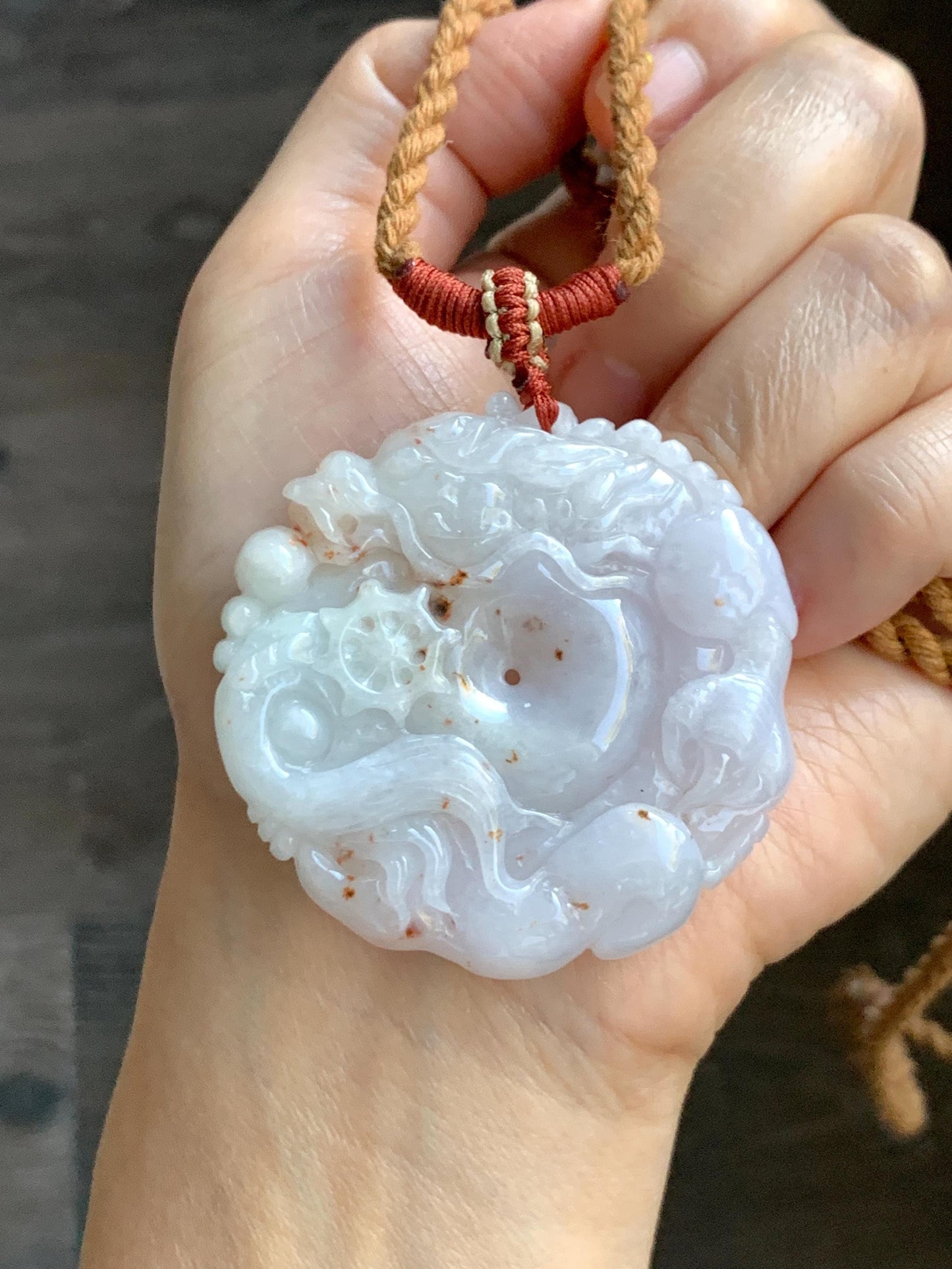 Natural Grade A Icy Translucent Pastel Purple Red Marbled Jadeite Carved Dragon Ping An Kou Donut Pendant Necklace 天然冰紫底撒金翡翠盘龙平安扣吊坠SML306