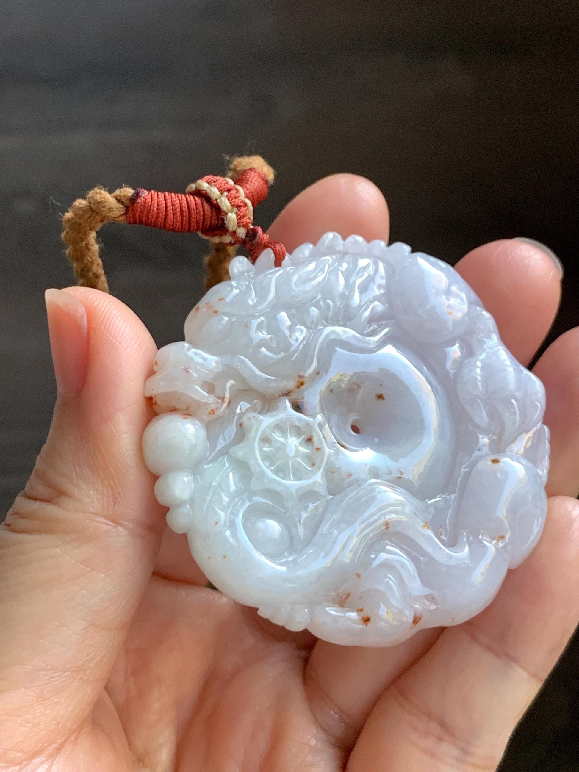 Natural Grade A Icy Translucent Pastel Purple Red Marbled Jadeite Carved Dragon Ping An Kou Donut Pendant Necklace 天然冰紫底撒金翡翠盘龙平安扣吊坠SML306