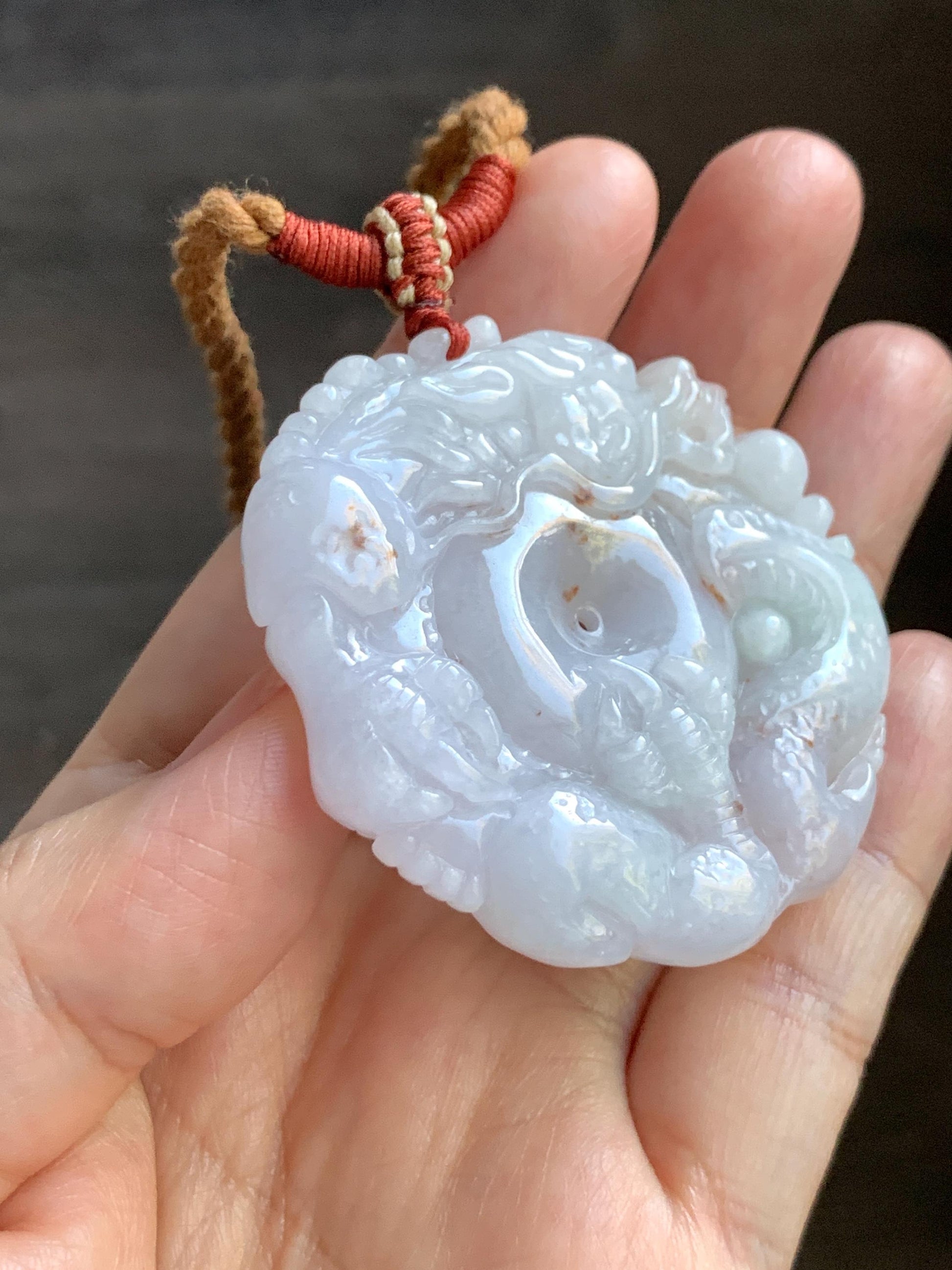 Natural Grade A Icy Translucent Pastel Purple Red Marbled Jadeite Carved Dragon Ping An Kou Donut Pendant Necklace 天然冰紫底撒金翡翠盘龙平安扣吊坠SML306