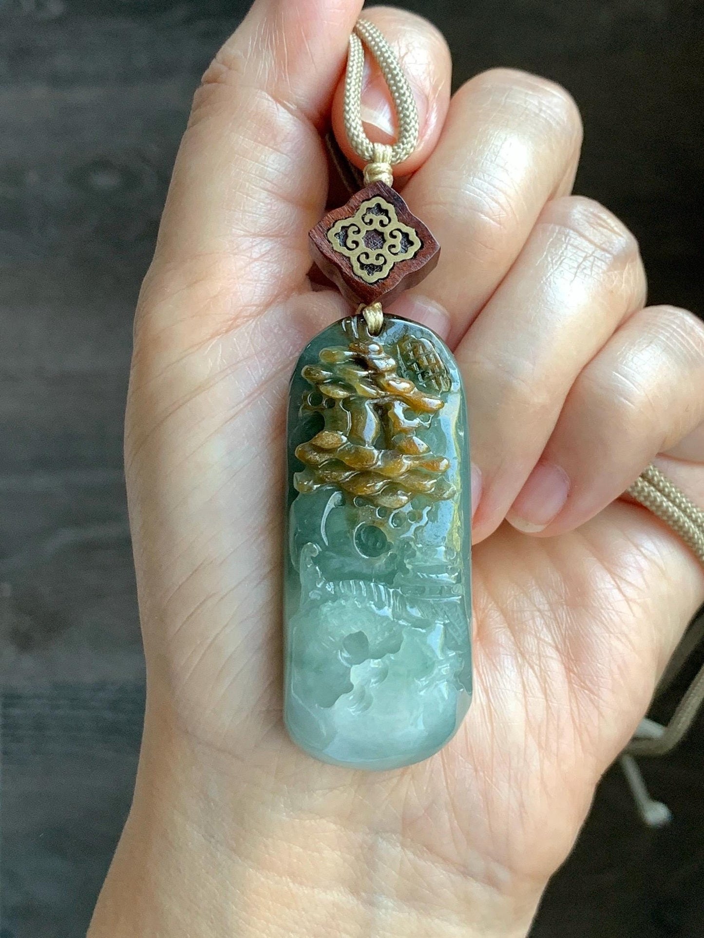 Natural Grade A Icy Translucent White Green Golden Brown Marbled Tricolored Jadeite Shan Shui Pendant Rope Necklace 天然冰三彩翡翠山水大吊坠 MSC210