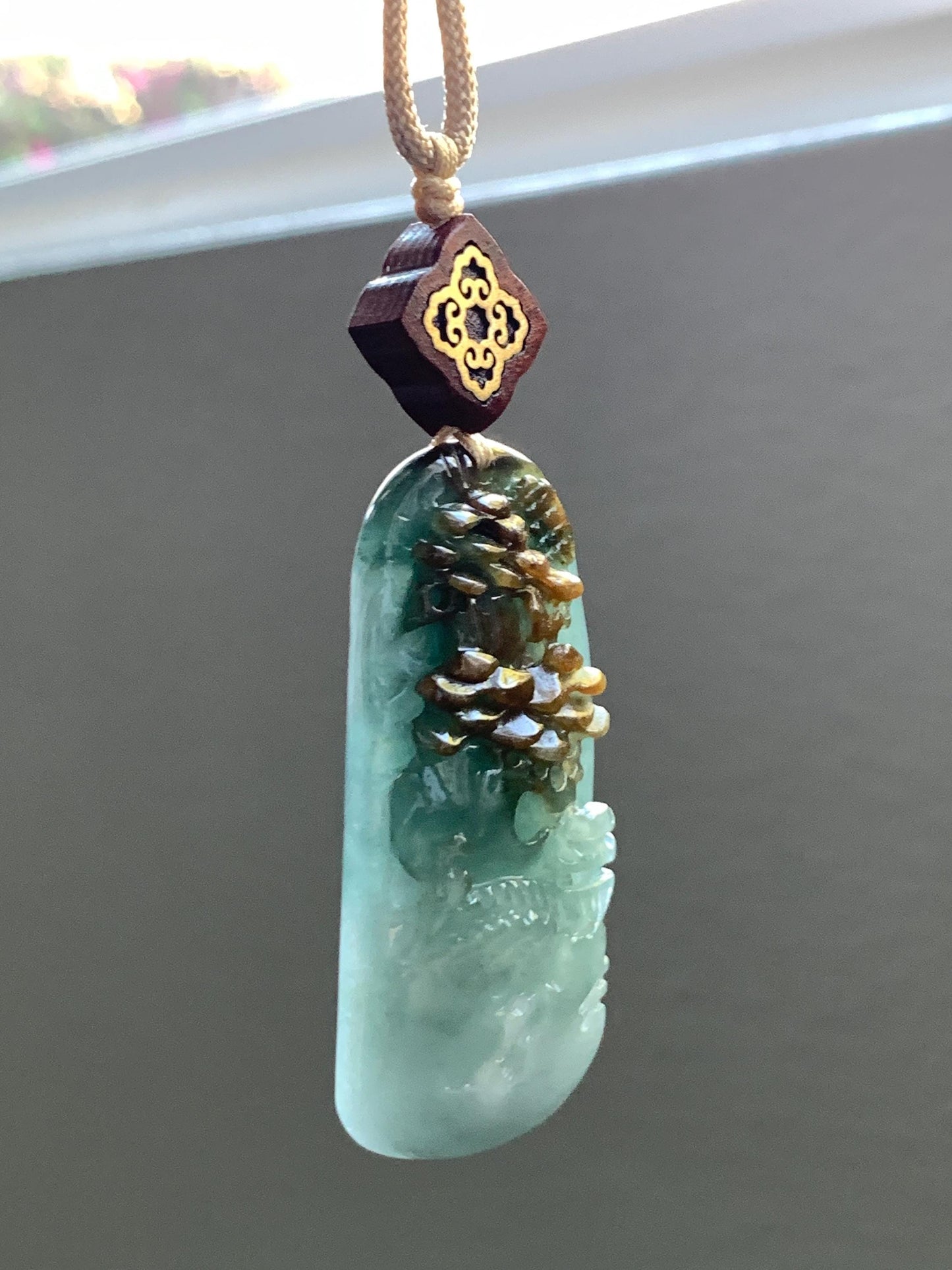 Natural Grade A Icy Translucent White Green Golden Brown Marbled Tricolored Jadeite Shan Shui Pendant Rope Necklace 天然冰三彩翡翠山水大吊坠 MSC210