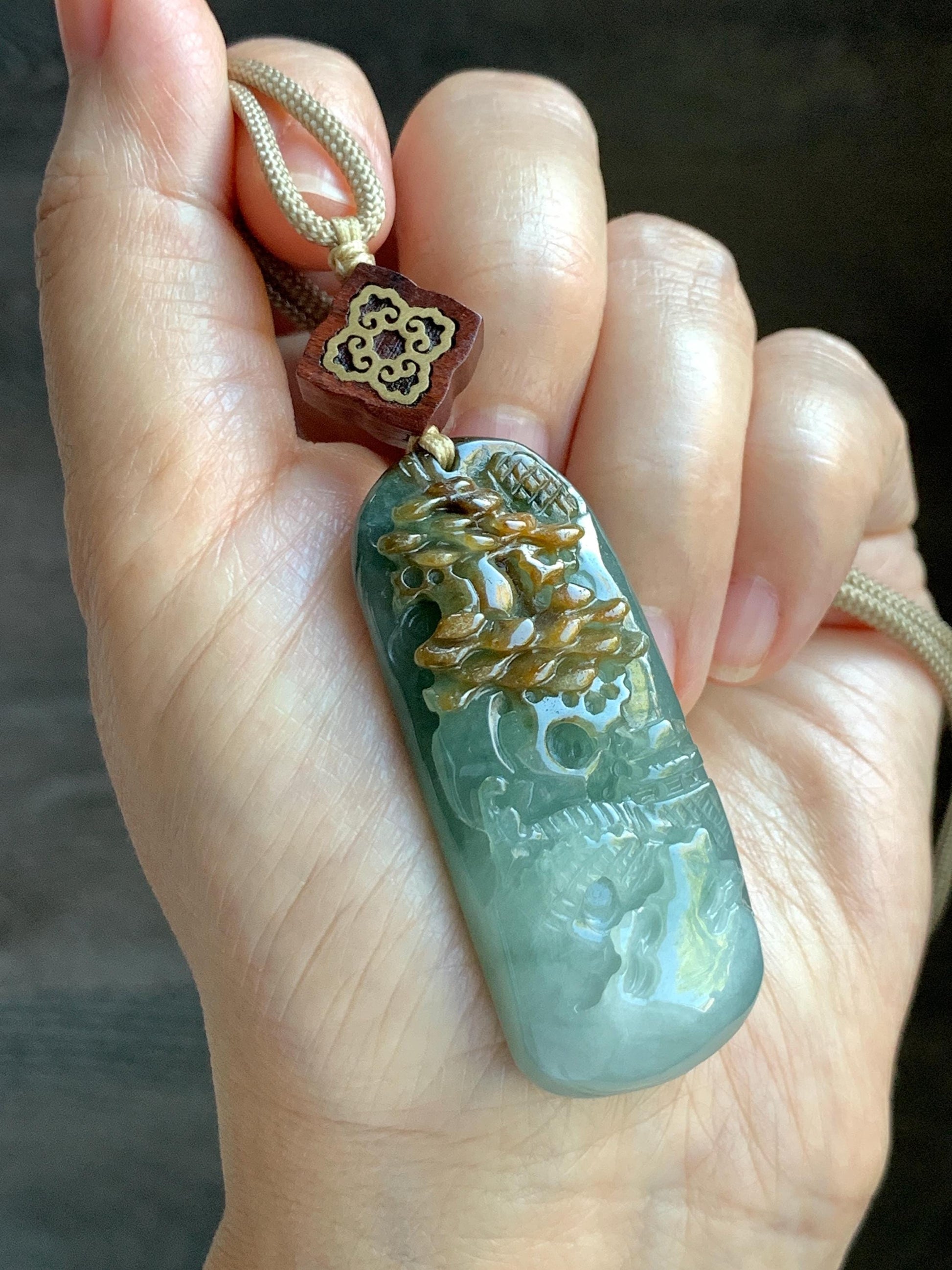 Natural Grade A Icy Translucent White Green Golden Brown Marbled Tricolored Jadeite Shan Shui Pendant Rope Necklace 天然冰三彩翡翠山水大吊坠 MSC210