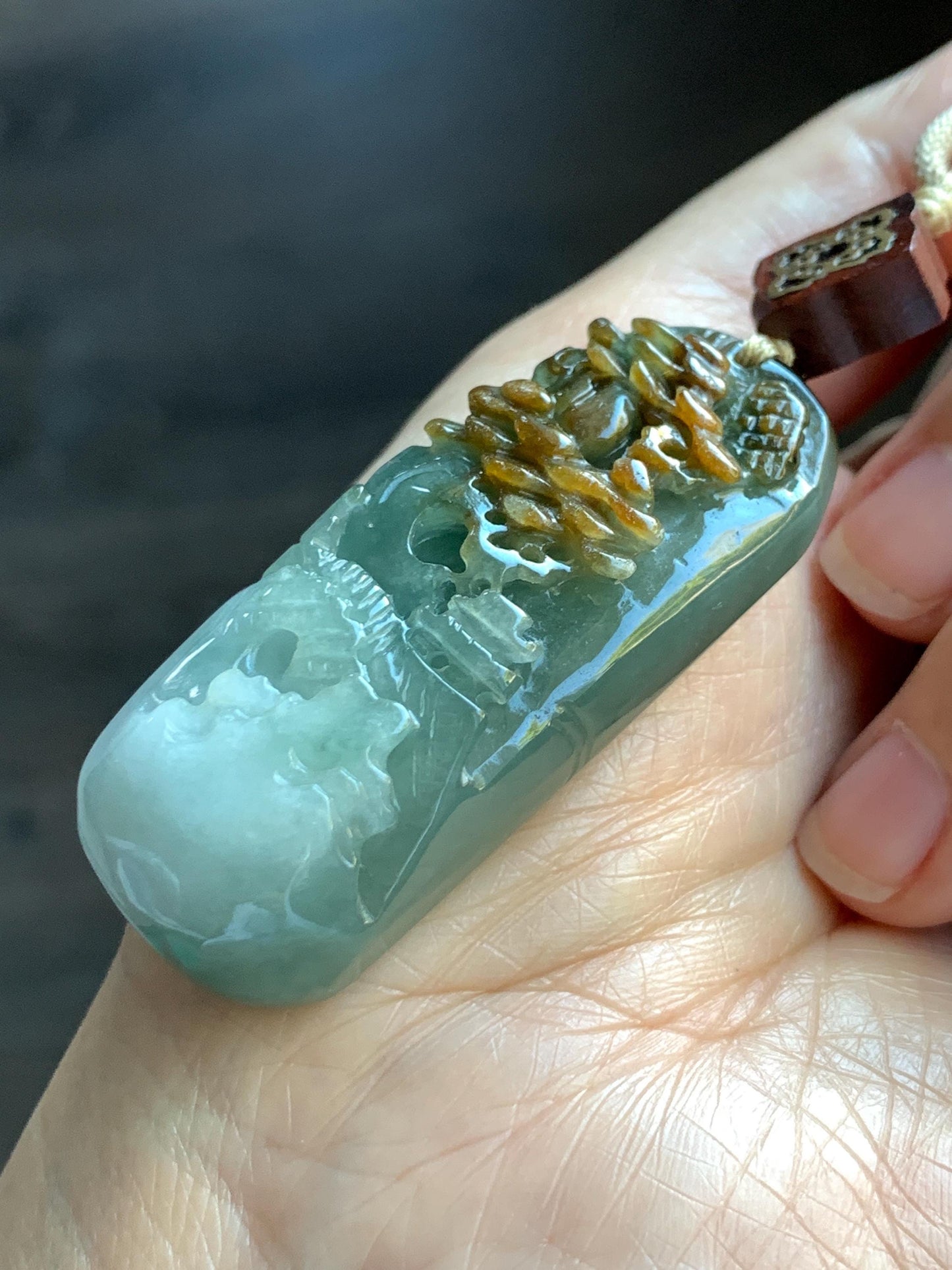 Natural Grade A Icy Translucent White Green Golden Brown Marbled Tricolored Jadeite Shan Shui Pendant Rope Necklace 天然冰三彩翡翠山水大吊坠 MSC210