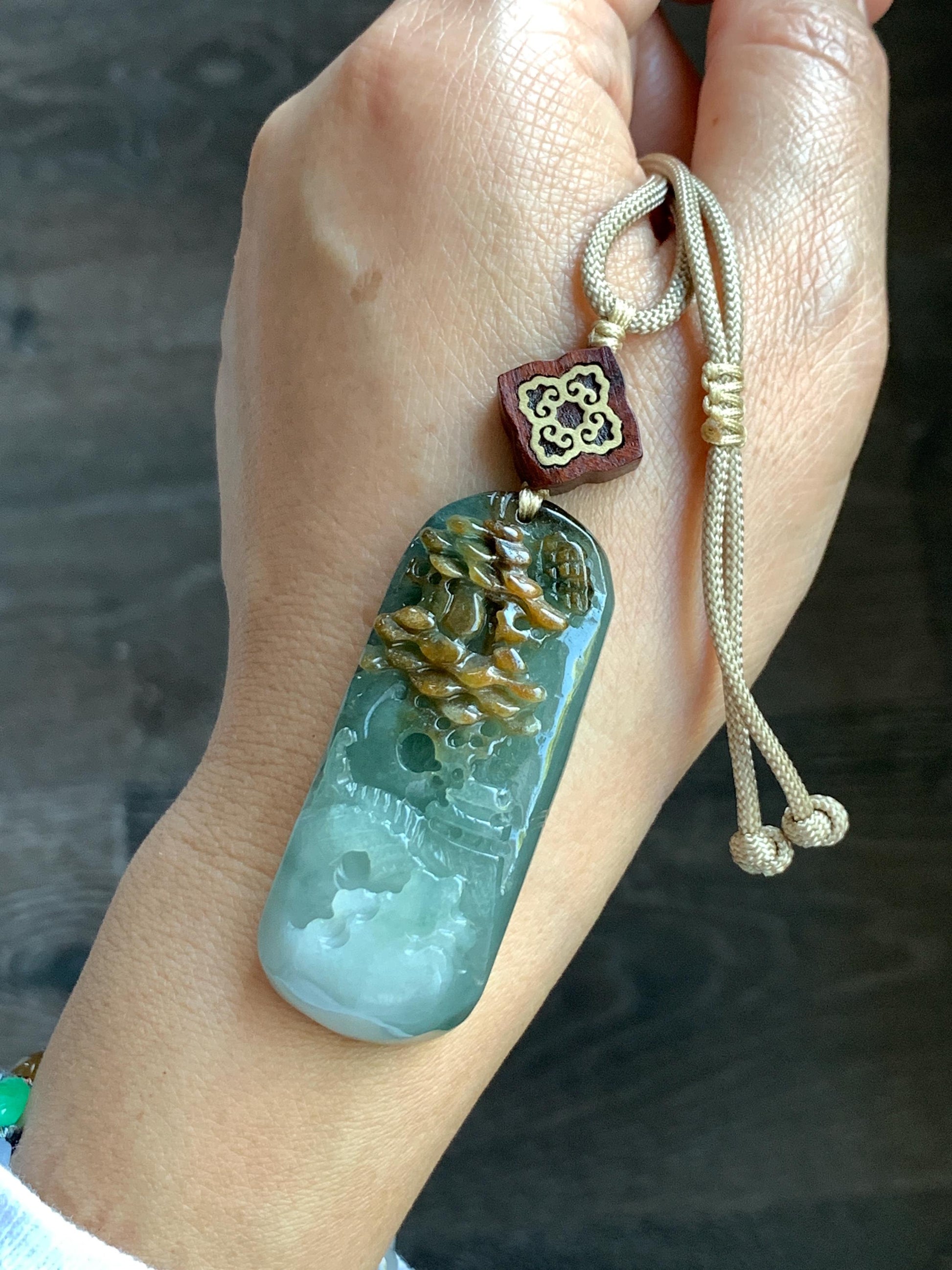 Natural Grade A Icy Translucent White Green Golden Brown Marbled Tricolored Jadeite Shan Shui Pendant Rope Necklace 天然冰三彩翡翠山水大吊坠 MSC210