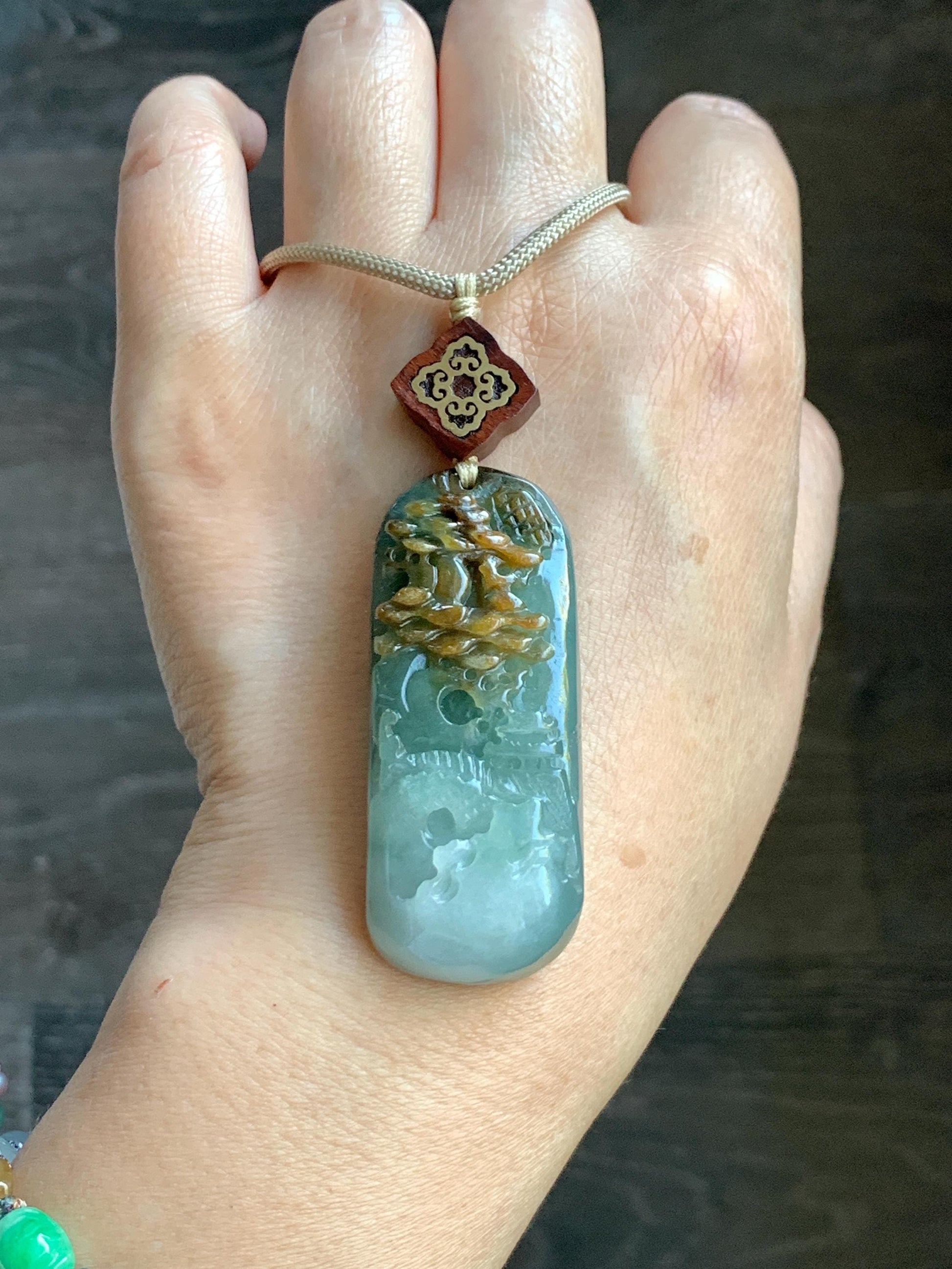 Natural Grade A Icy Translucent White Green Golden Brown Marbled Tricolored Jadeite Shan Shui Pendant Rope Necklace 天然冰三彩翡翠山水大吊坠 MSC210