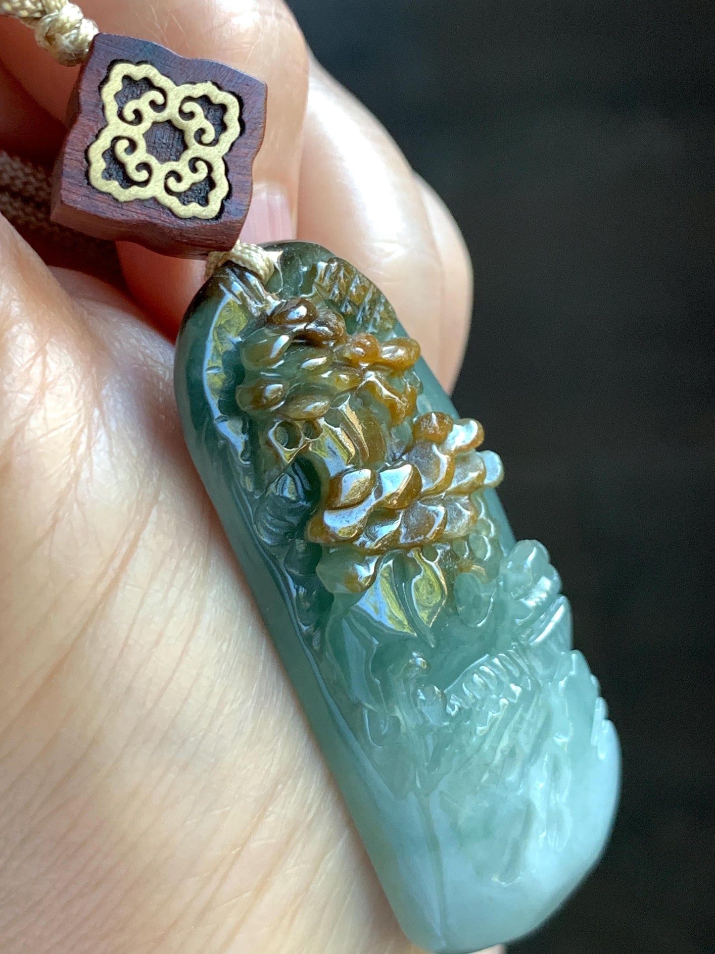 Natural Grade A Icy Translucent White Green Golden Brown Marbled Tricolored Jadeite Shan Shui Pendant Rope Necklace 天然冰三彩翡翠山水大吊坠 MSC210