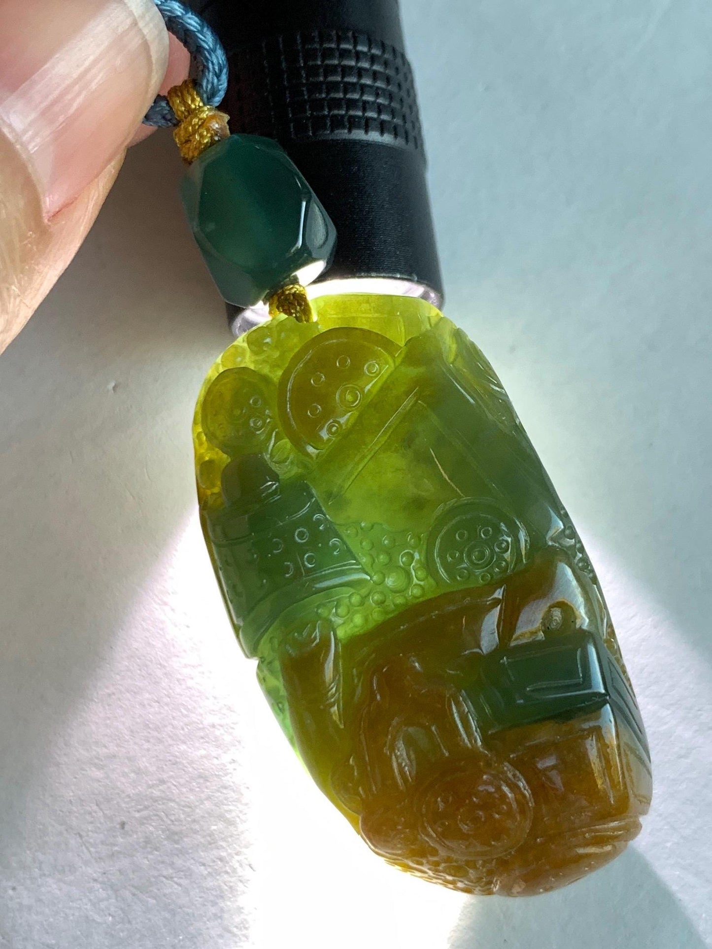 Natural Grade A Guatemalan Icy Translucent Dark Blue Yellow Marbled Jadeite The 8 Brokens Bapo Pendant Rope Necklace 天然冰危深蓝绿加黄翡翠八破图吊坠 WSH210