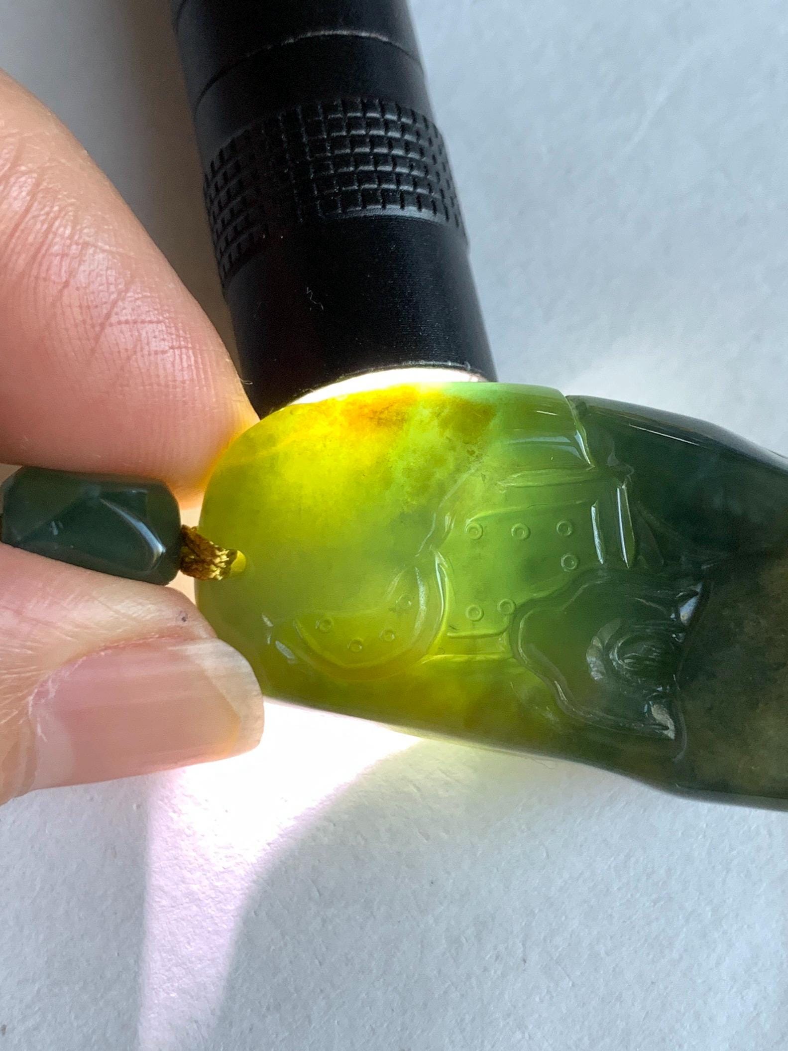 Natural Grade A Guatemalan Icy Translucent Dark Blue Yellow Marbled Jadeite The 8 Brokens Bapo Pendant Rope Necklace 天然冰危深蓝绿加黄翡翠八破图吊坠 WSH210