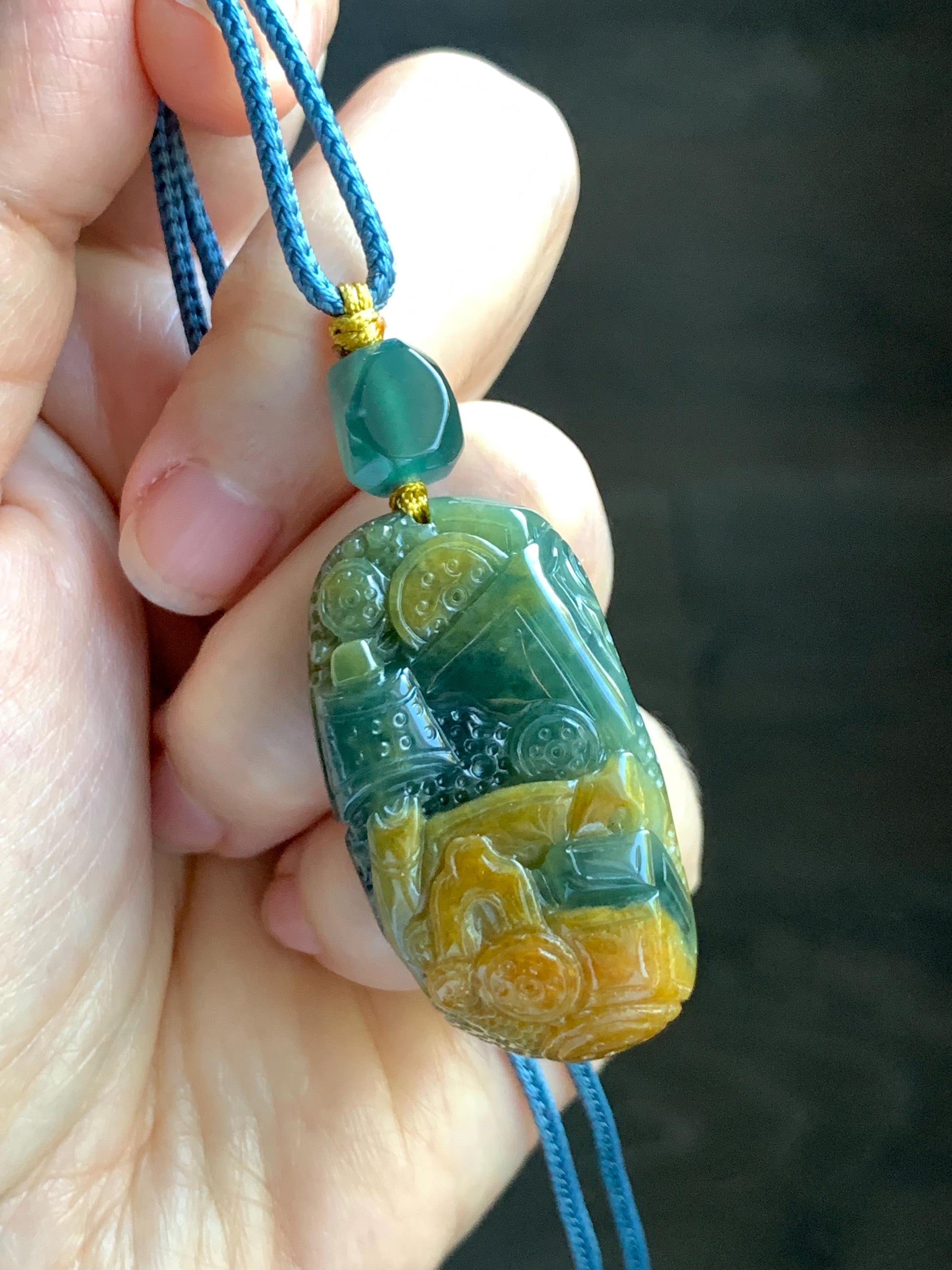 Natural Grade A Guatemalan Icy Translucent Dark Blue Yellow Marbled Jadeite The 8 Brokens Bapo Pendant Rope Necklace 天然冰危深蓝绿加黄翡翠八破图吊坠 WSH210