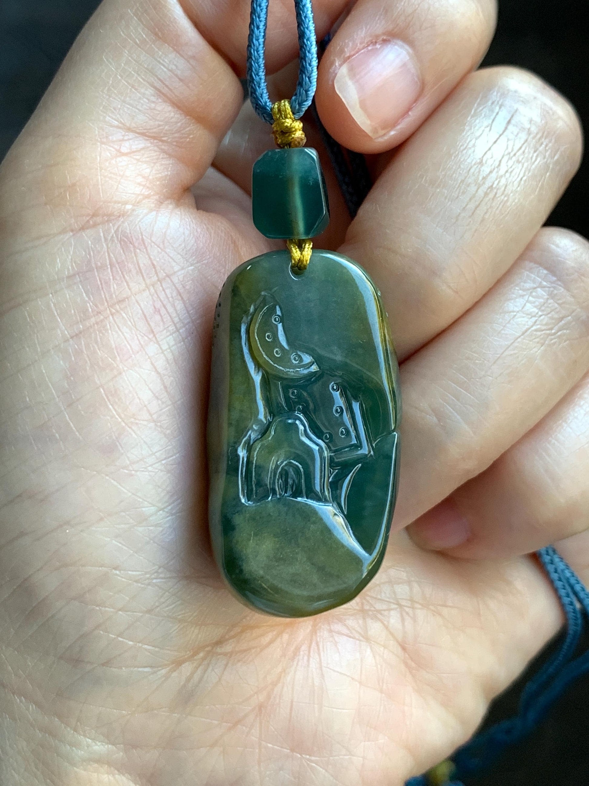 Natural Grade A Guatemalan Icy Translucent Dark Blue Yellow Marbled Jadeite The 8 Brokens Bapo Pendant Rope Necklace 天然冰危深蓝绿加黄翡翠八破图吊坠 WSH210