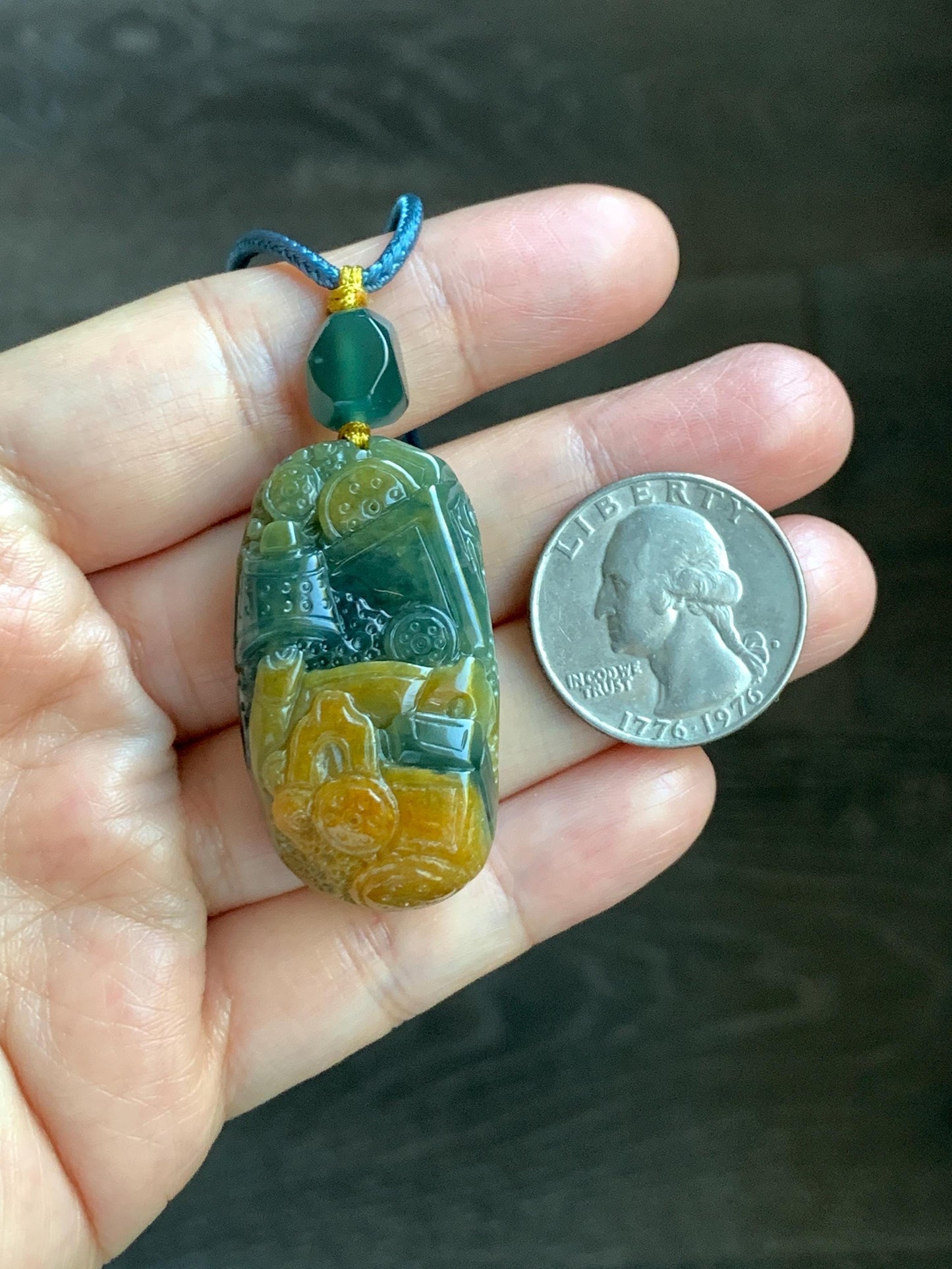 Natural Grade A Guatemalan Icy Translucent Dark Blue Yellow Marbled Jadeite The 8 Brokens Bapo Pendant Rope Necklace 天然冰危深蓝绿加黄翡翠八破图吊坠 WSH210