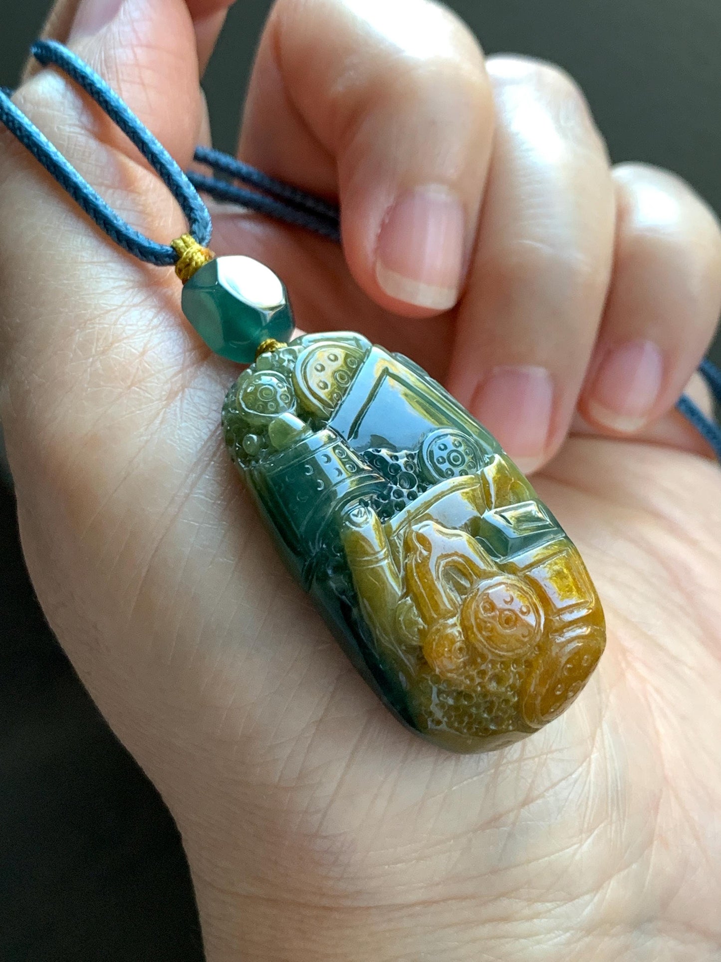 Natural Grade A Guatemalan Icy Translucent Dark Blue Yellow Marbled Jadeite The 8 Brokens Bapo Pendant Rope Necklace 天然冰危深蓝绿加黄翡翠八破图吊坠 WSH210