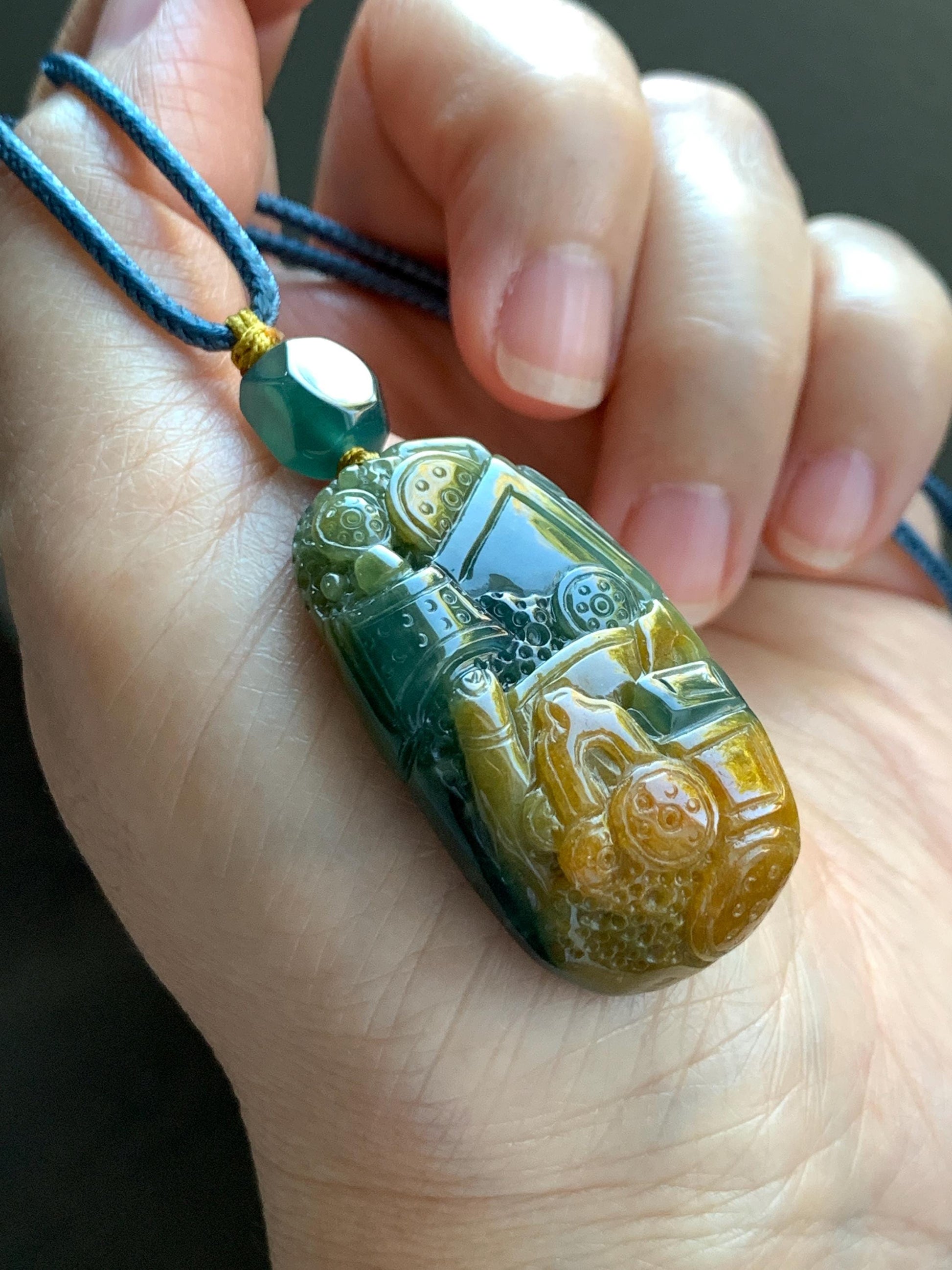 Natural Grade A Guatemalan Icy Translucent Dark Blue Yellow Marbled Jadeite The 8 Brokens Bapo Pendant Rope Necklace 天然冰危深蓝绿加黄翡翠八破图吊坠 WSH210