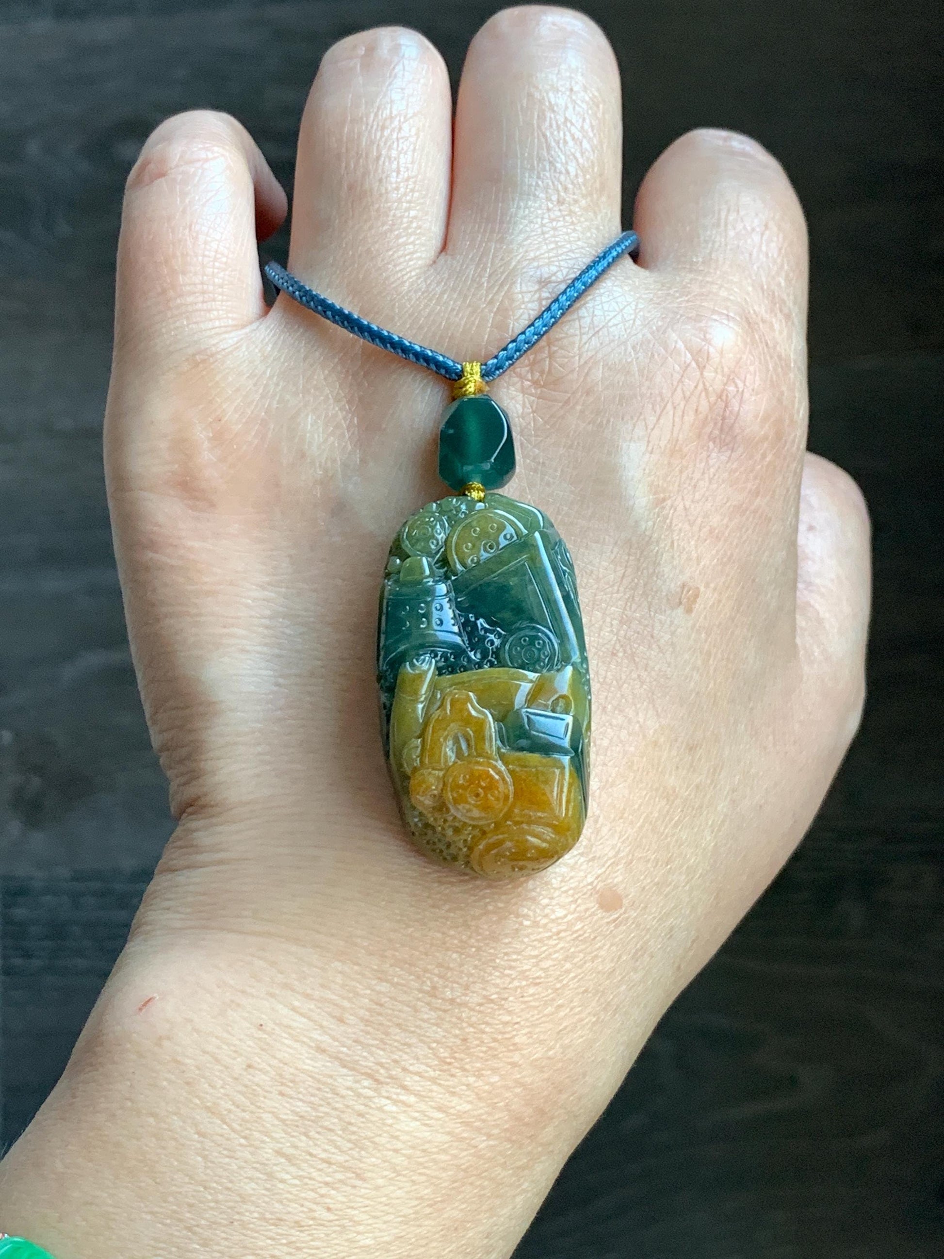 Natural Grade A Guatemalan Icy Translucent Dark Blue Yellow Marbled Jadeite The 8 Brokens Bapo Pendant Rope Necklace 天然冰危深蓝绿加黄翡翠八破图吊坠 WSH210
