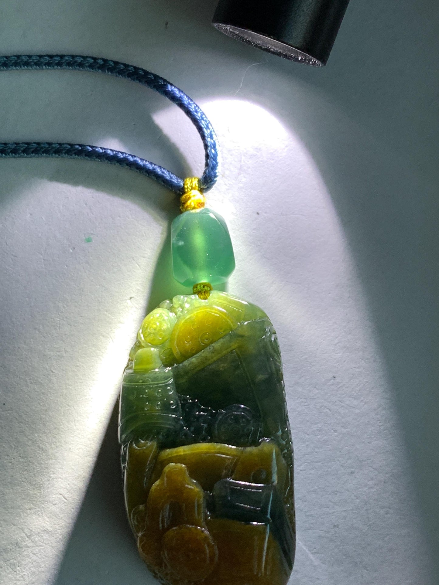 Natural Grade A Guatemalan Icy Translucent Dark Blue Yellow Marbled Jadeite The 8 Brokens Bapo Pendant Rope Necklace 天然冰危深蓝绿加黄翡翠八破图吊坠 WSH210