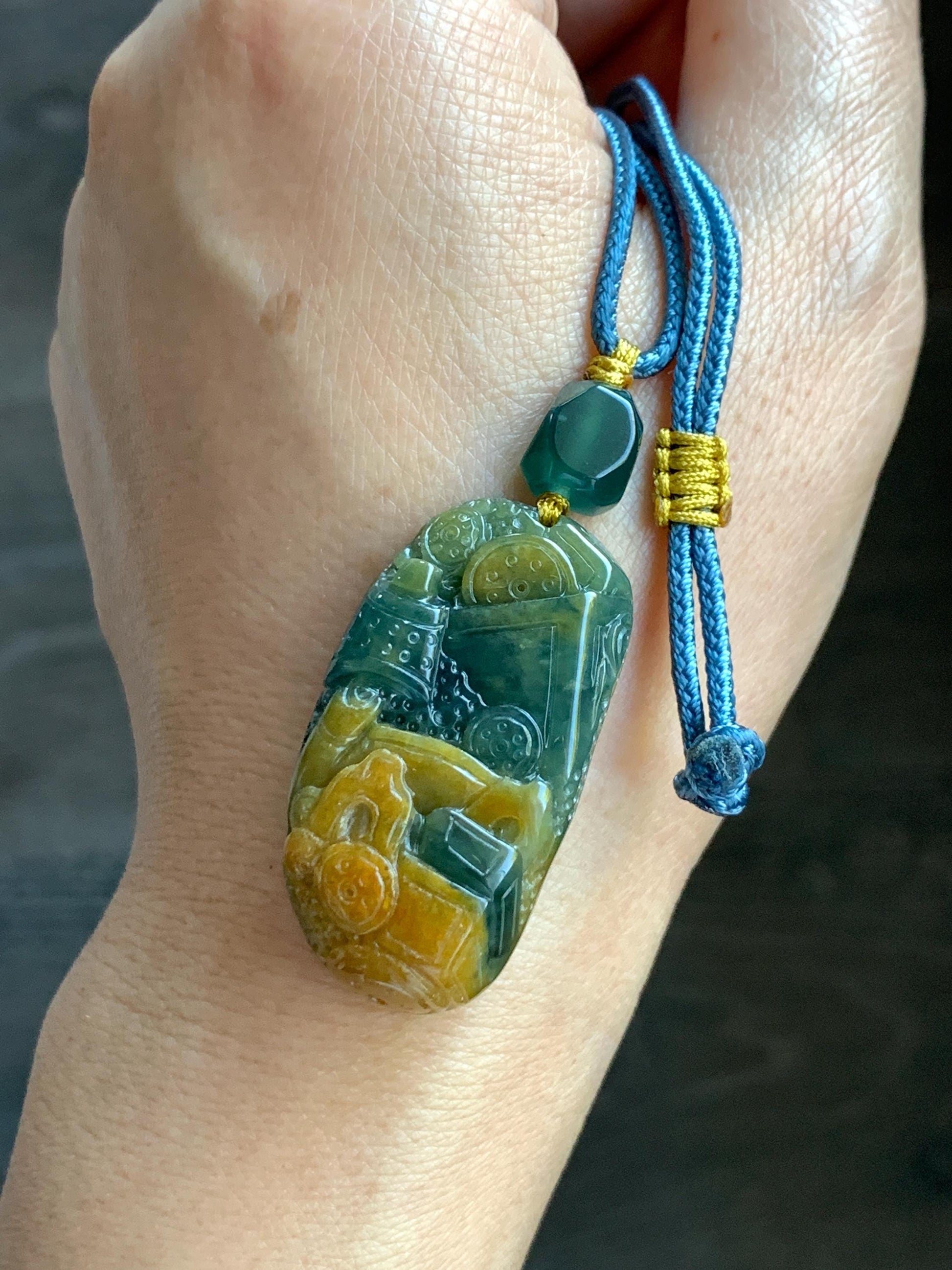 Natural Grade A Guatemalan Icy Translucent Dark Blue Yellow Marbled Jadeite The 8 Brokens Bapo Pendant Rope Necklace 天然冰危深蓝绿加黄翡翠八破图吊坠 WSH210