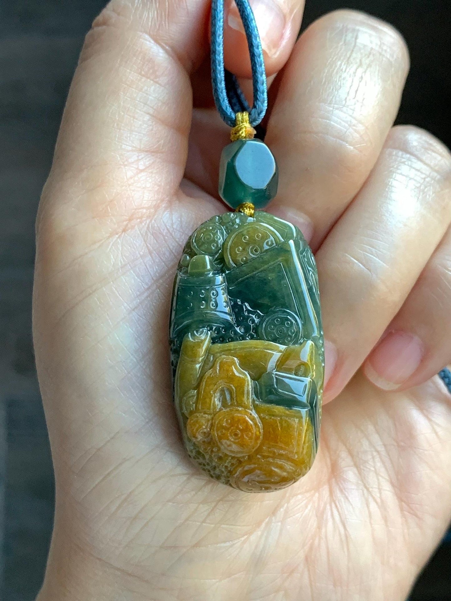 Natural Grade A Guatemalan Icy Translucent Dark Blue Yellow Marbled Jadeite The 8 Brokens Bapo Pendant Rope Necklace 天然冰危深蓝绿加黄翡翠八破图吊坠 WSH210