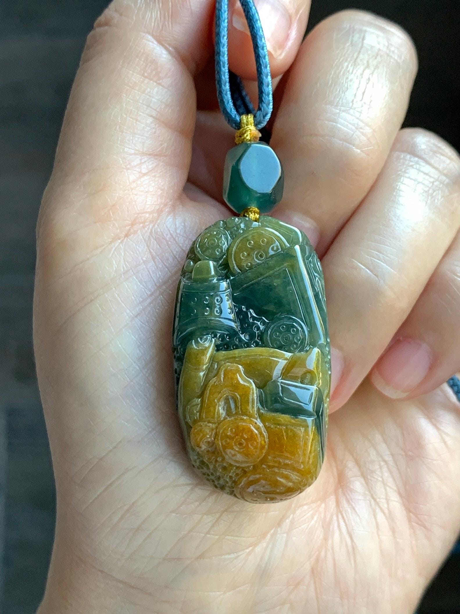 Natural Grade A Guatemalan Icy Translucent Dark Blue Yellow Marbled Jadeite The 8 Brokens Bapo Pendant Rope Necklace 天然冰危深蓝绿加黄翡翠八破图吊坠 WSH210