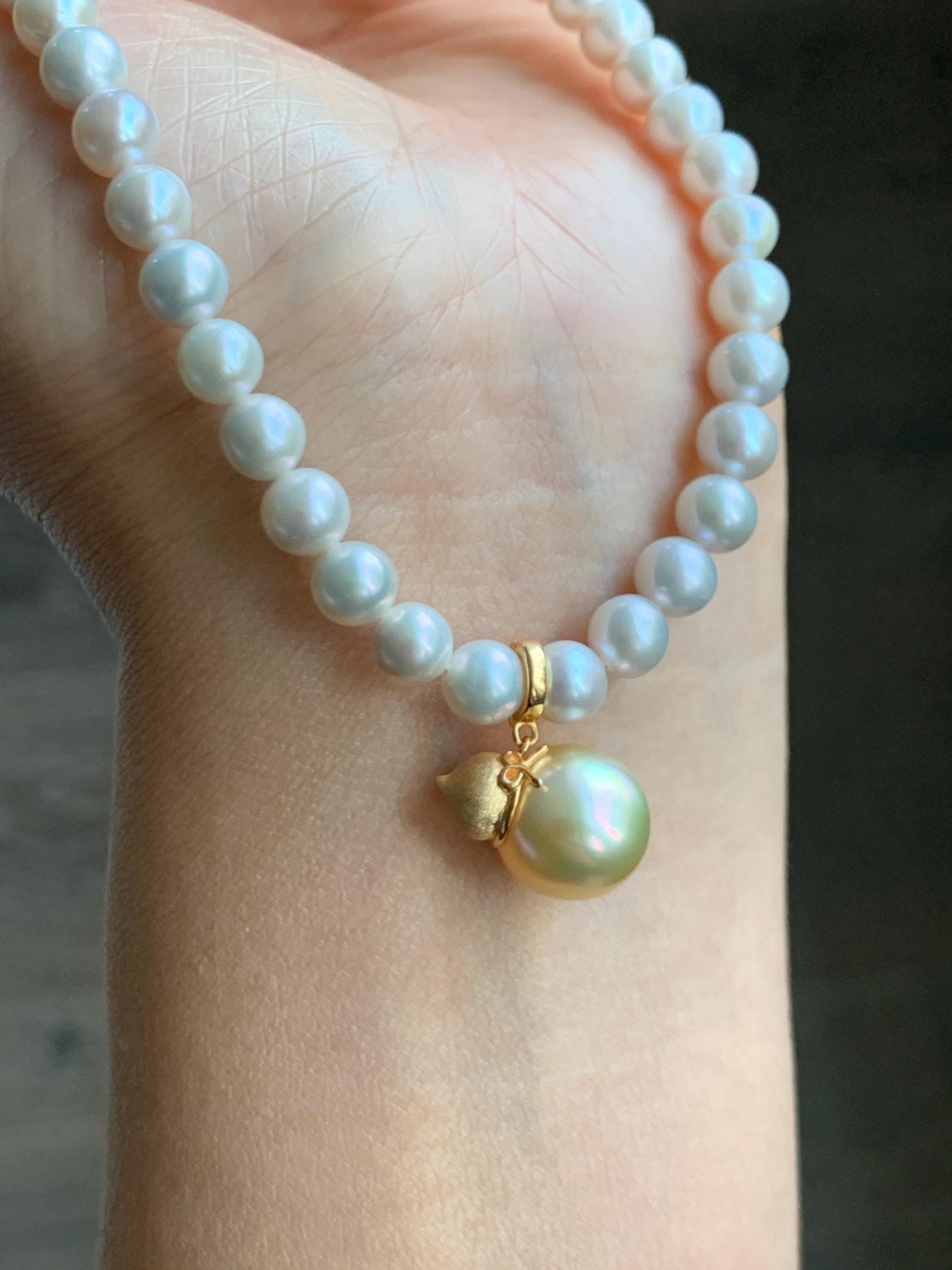 Natural Genuine Golden South Sea Pearl Gourd Hulu Pendant Solid Sterling Silver Yellow Gold Overlay 11.1mm 3g 天然南洋金珠葫芦吊坠 GSC561A