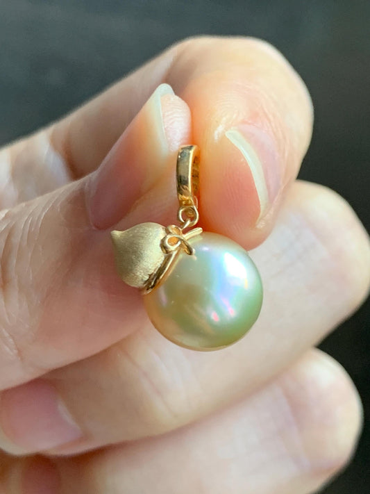Natural Genuine Golden South Sea Pearl Gourd Hulu Pendant Solid Sterling Silver Yellow Gold Overlay 11.1mm 3g 天然南洋金珠葫芦吊坠 GSC561A