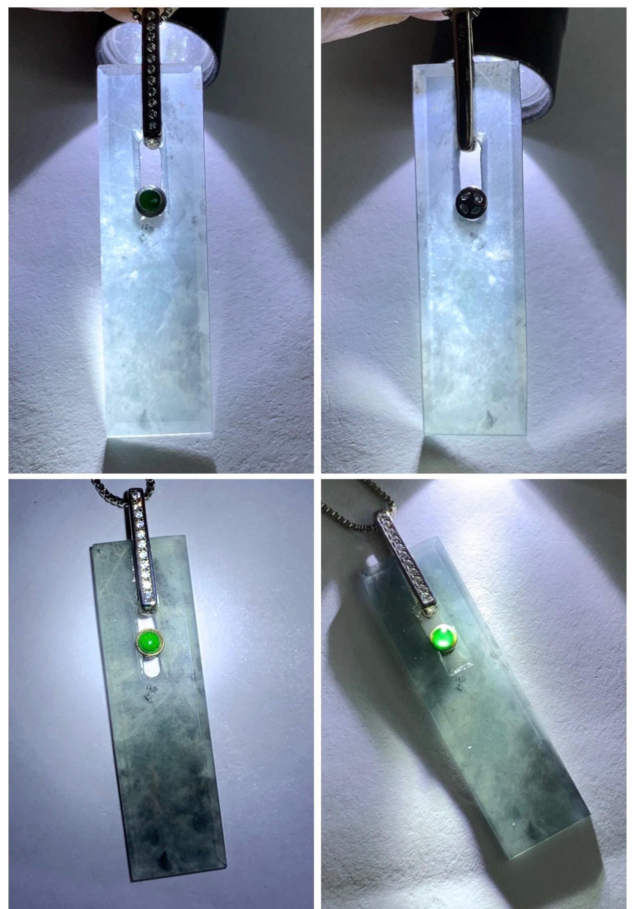 Natural Grade A Guatemalan Icy Highly Translucent Wuji Jade Jadeite Elongated Rectangle Pendant Sterling Silver 天然冰危乌鸡翡翠无事牌镶嵌吊坠 BWP165
