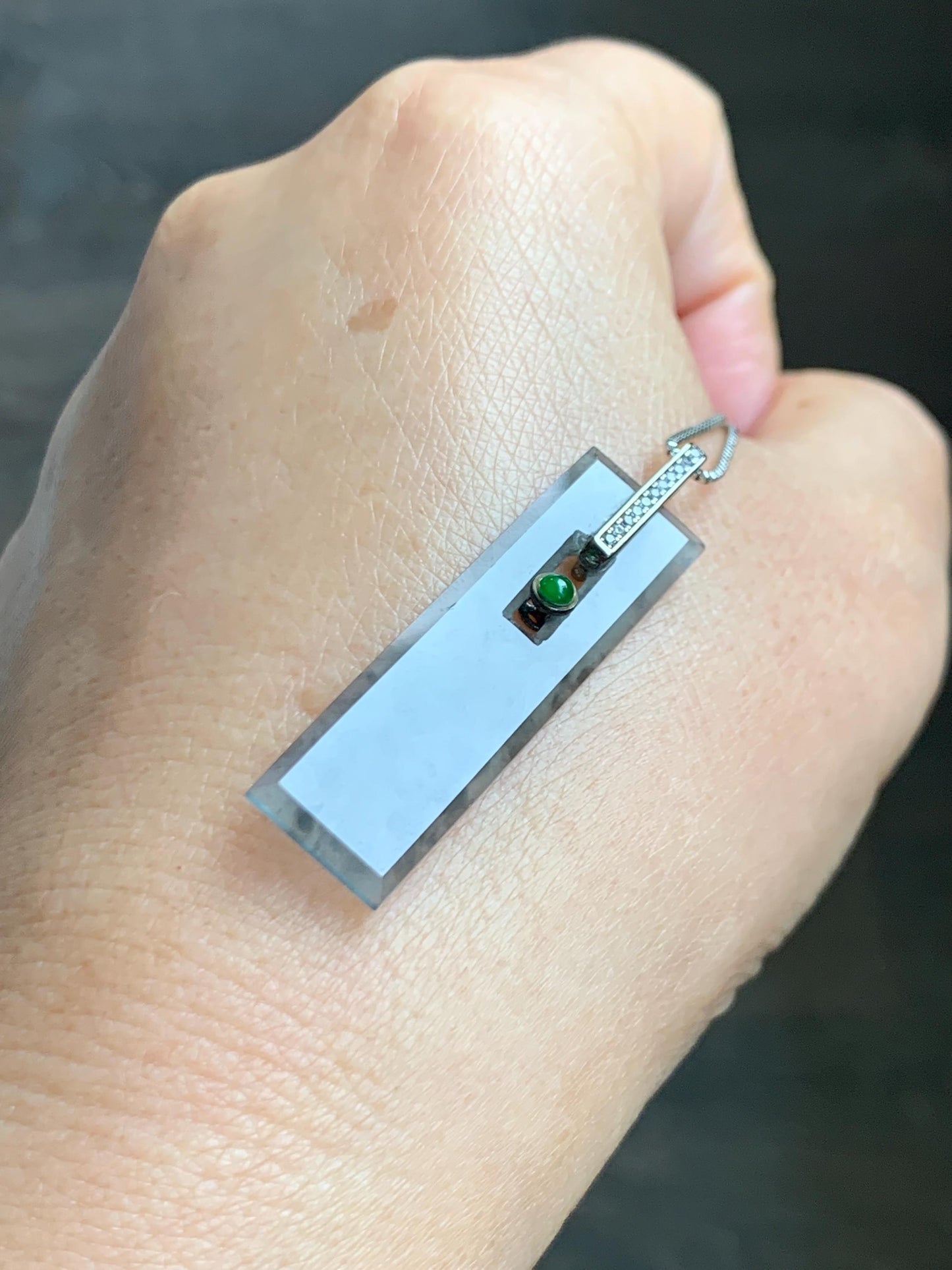 Natural Grade A Guatemalan Icy Highly Translucent Wuji Jade Jadeite Elongated Rectangle Pendant Sterling Silver 天然冰危乌鸡翡翠无事牌镶嵌吊坠 BWP165