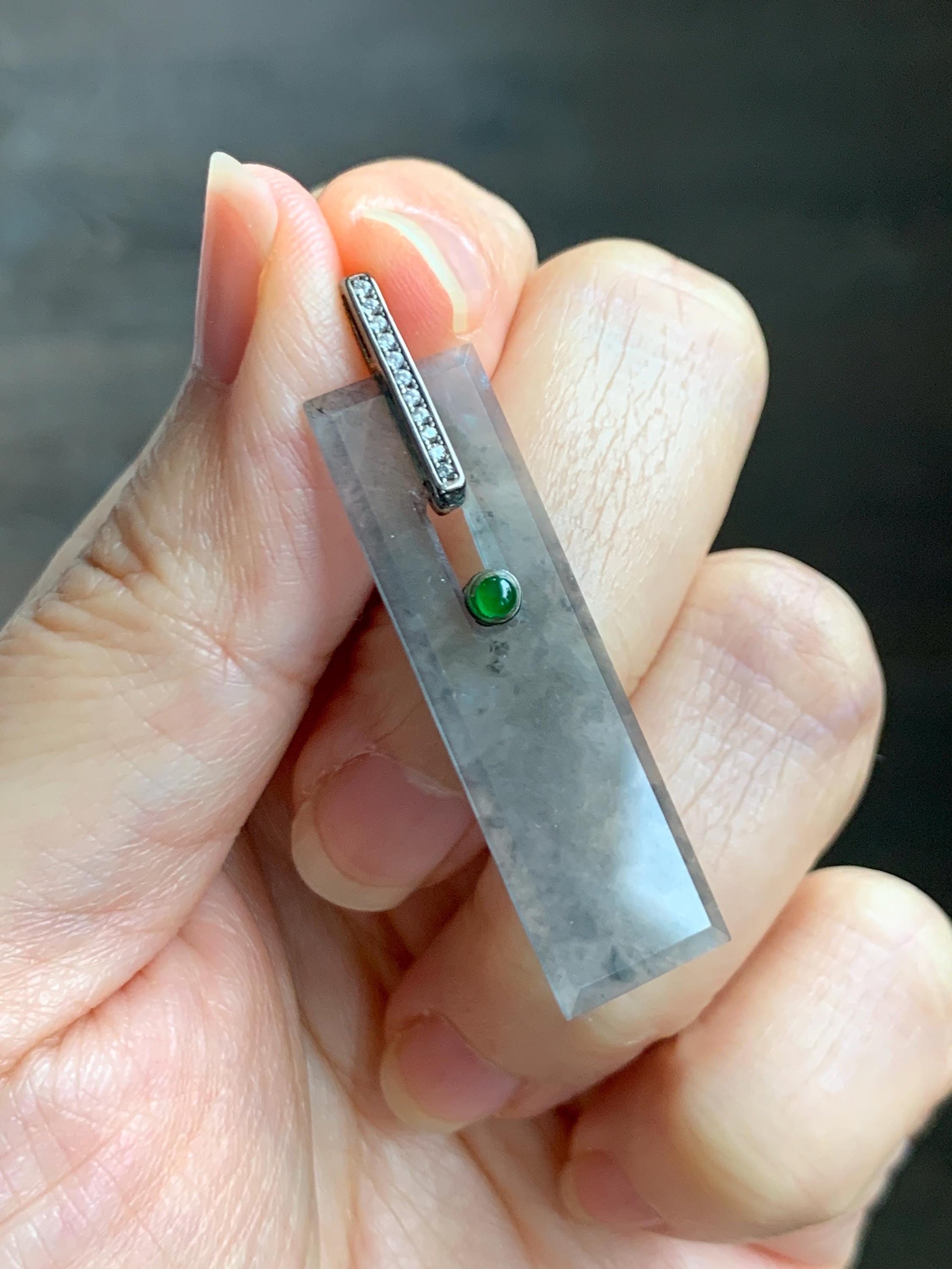 Natural Grade A Guatemalan Icy Highly Translucent Wuji Jade Jadeite Elongated Rectangle Pendant Sterling Silver 天然冰危乌鸡翡翠无事牌镶嵌吊坠 BWP165