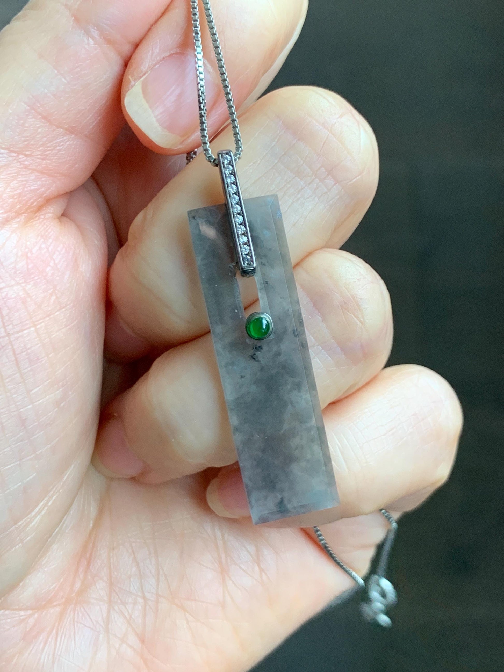 Natural Grade A Guatemalan Icy Highly Translucent Wuji Jade Jadeite Elongated Rectangle Pendant Sterling Silver 天然冰危乌鸡翡翠无事牌镶嵌吊坠 BWP165