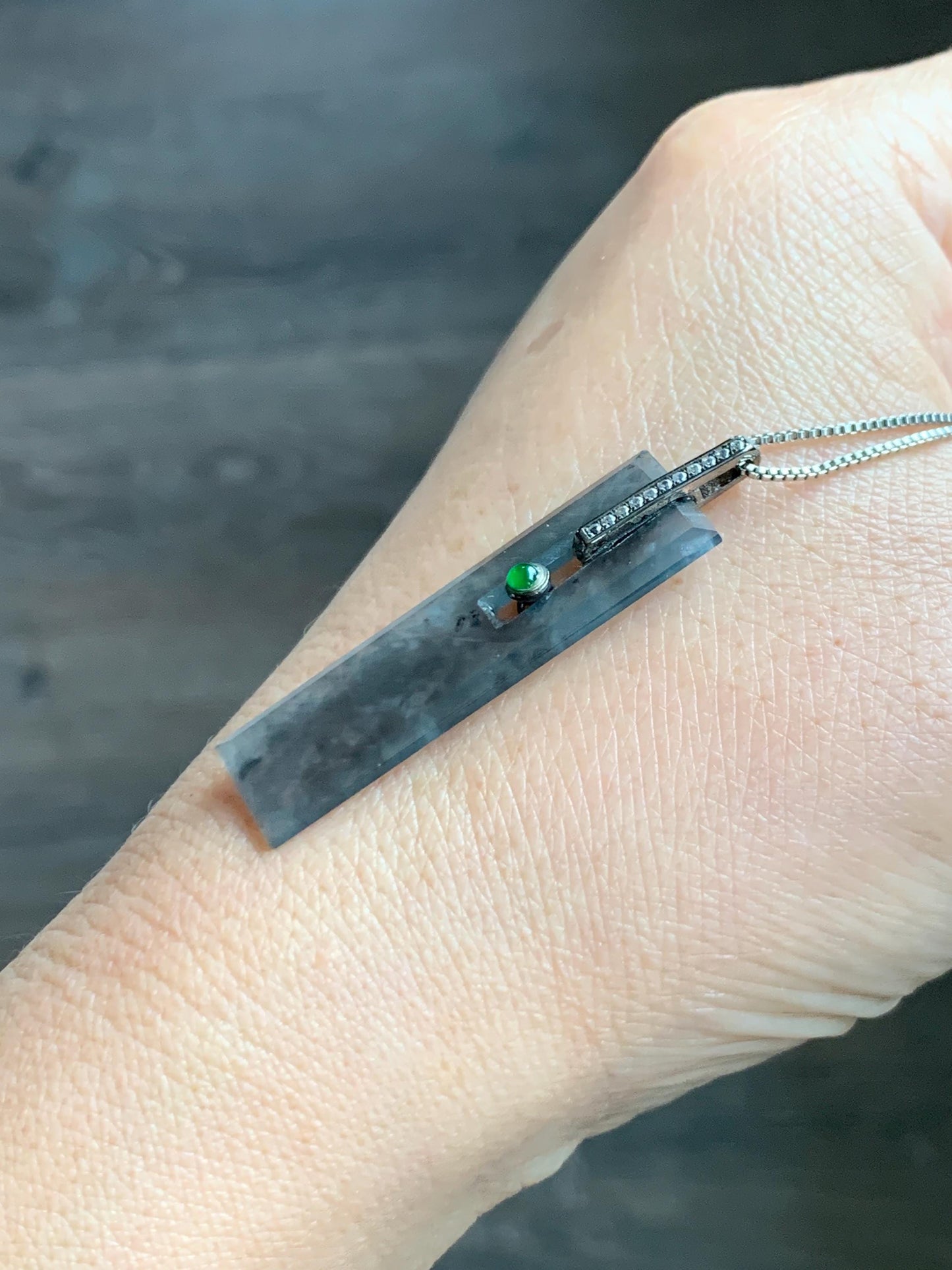 Natural Grade A Guatemalan Icy Highly Translucent Wuji Jade Jadeite Elongated Rectangle Pendant Sterling Silver 天然冰危乌鸡翡翠无事牌镶嵌吊坠 BWP165