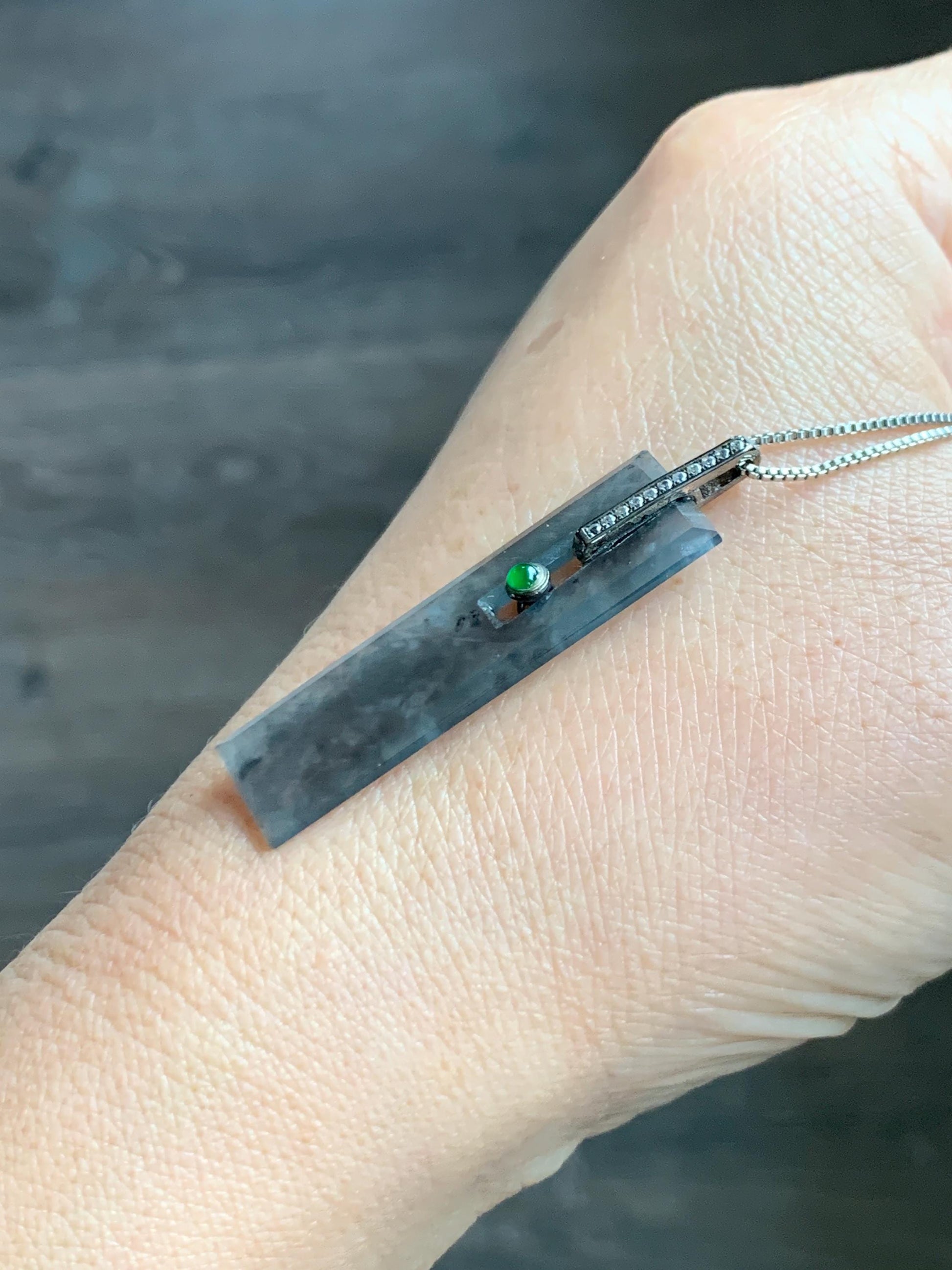 Natural Grade A Guatemalan Icy Highly Translucent Wuji Jade Jadeite Elongated Rectangle Pendant Sterling Silver 天然冰危乌鸡翡翠无事牌镶嵌吊坠 BWP165