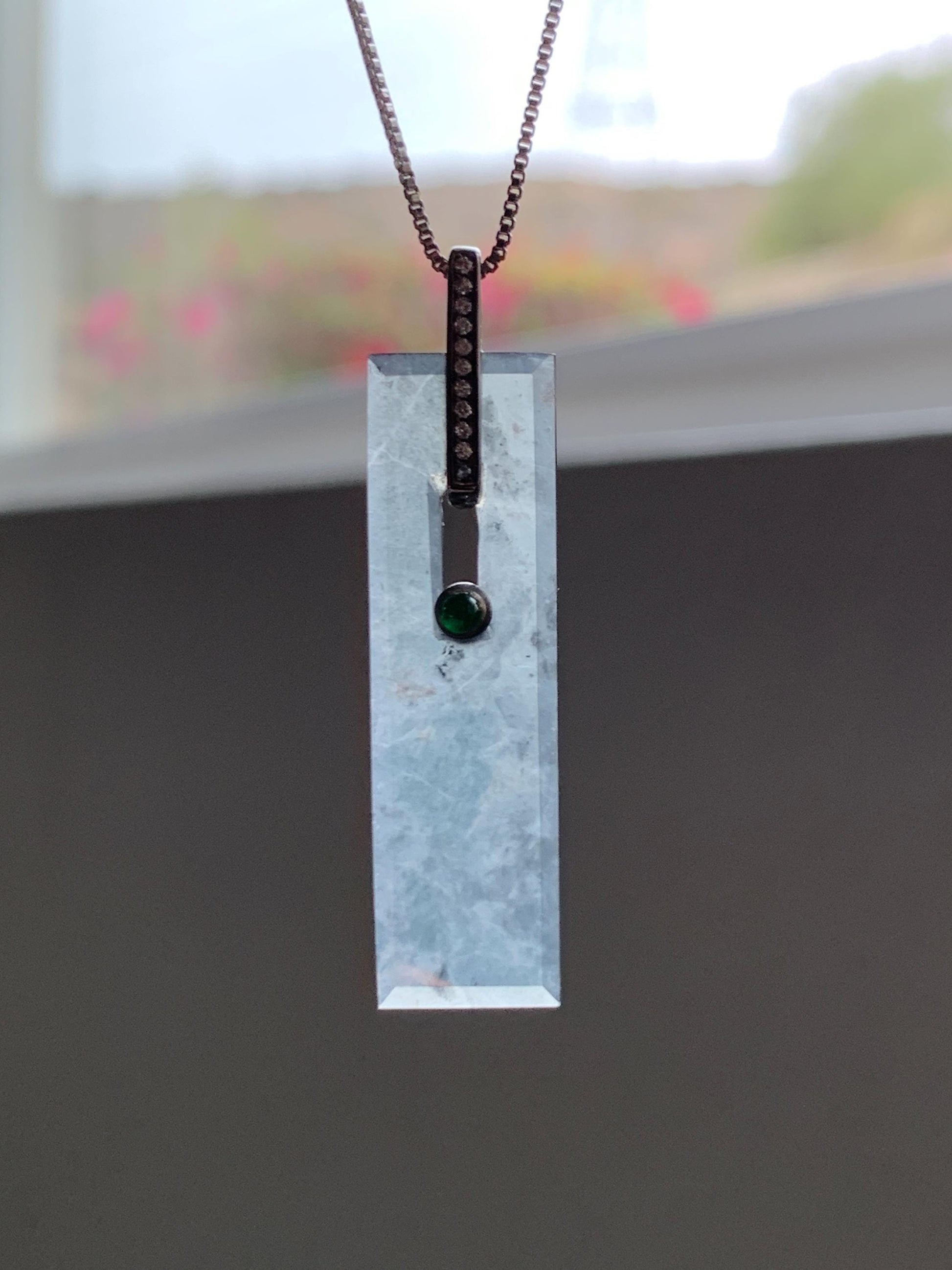 Natural Grade A Guatemalan Icy Highly Translucent Wuji Jade Jadeite Elongated Rectangle Pendant Sterling Silver 天然冰危乌鸡翡翠无事牌镶嵌吊坠 BWP165