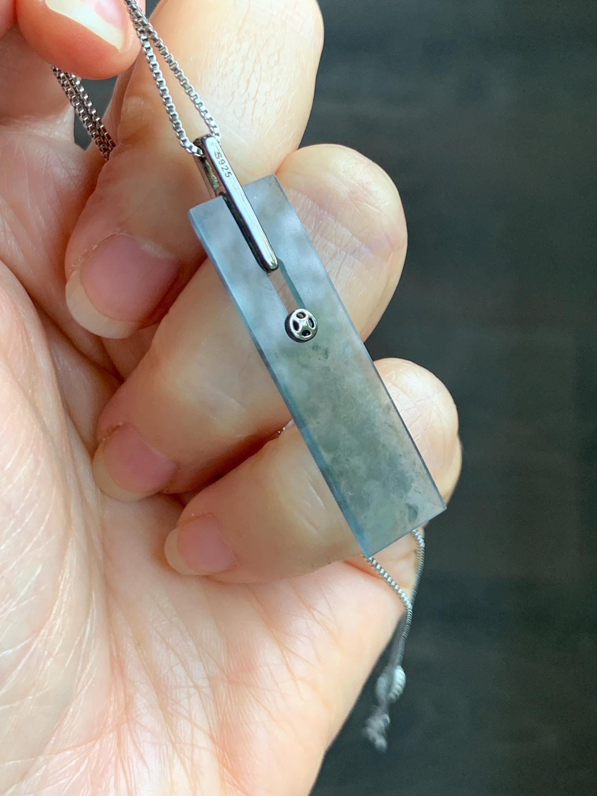 Natural Grade A Guatemalan Icy Highly Translucent Wuji Jade Jadeite Elongated Rectangle Pendant Sterling Silver 天然冰危乌鸡翡翠无事牌镶嵌吊坠 BWP165