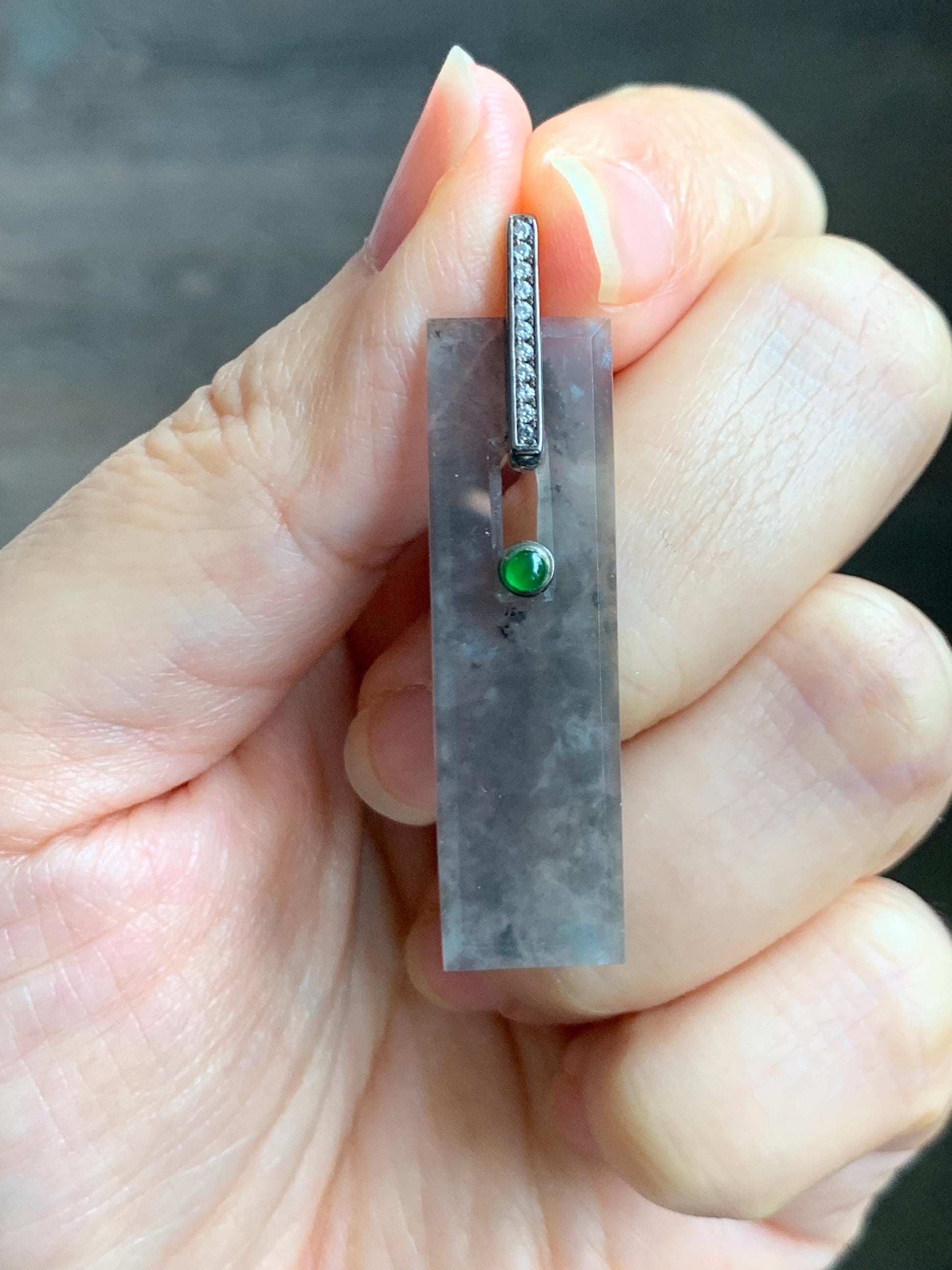 Natural Grade A Guatemalan Icy Highly Translucent Wuji Jade Jadeite Elongated Rectangle Pendant Sterling Silver 天然冰危乌鸡翡翠无事牌镶嵌吊坠 BWP165