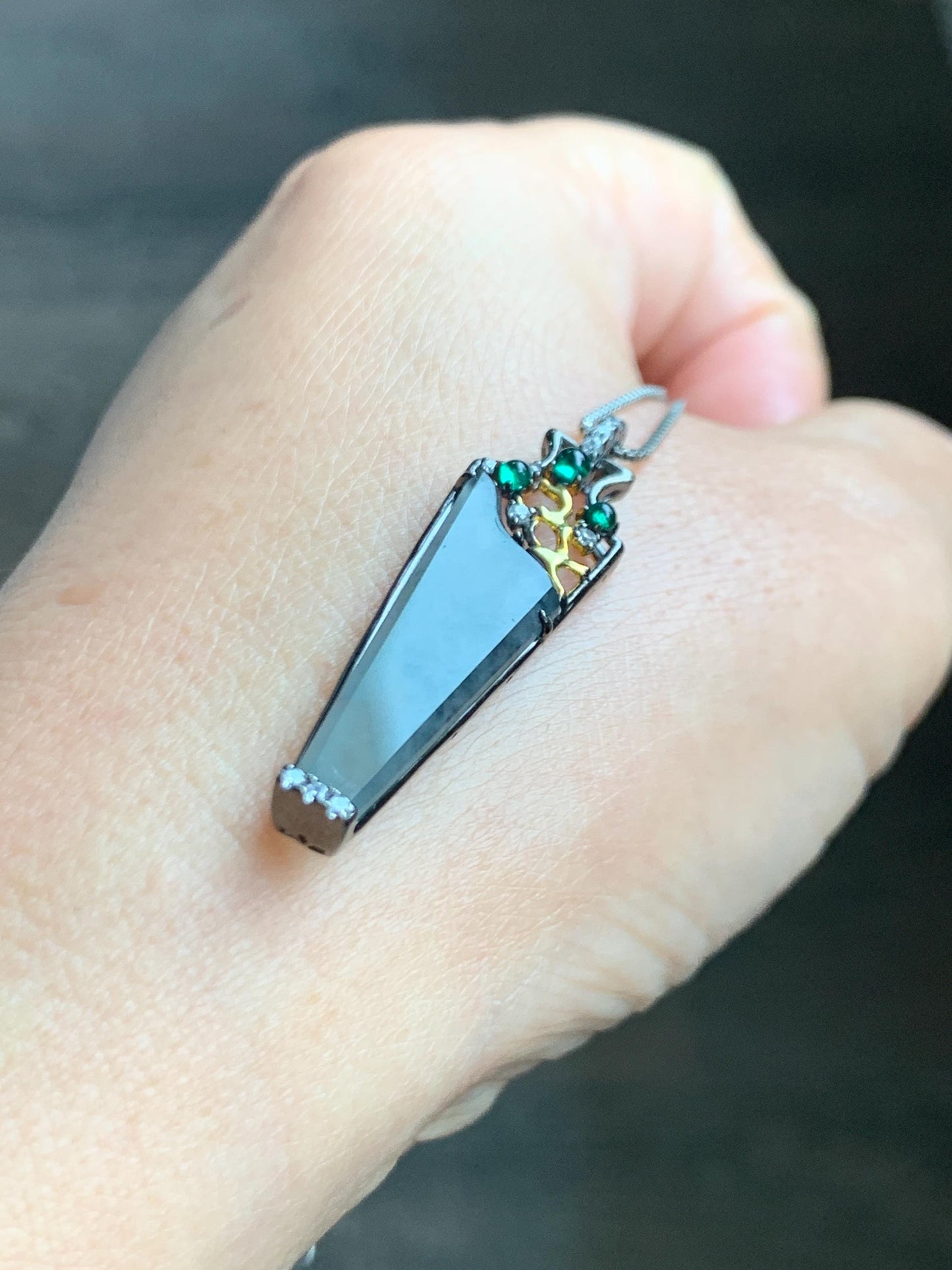 Certified Natural Grade A Guatemalan Icy Highly Translucent Wuji Jade Jadeite Wu Shi Pai Vase Pendant Sterling Silver 天然冰胶危乌鸡翡翠无事牌镶嵌花瓶吊坠 272