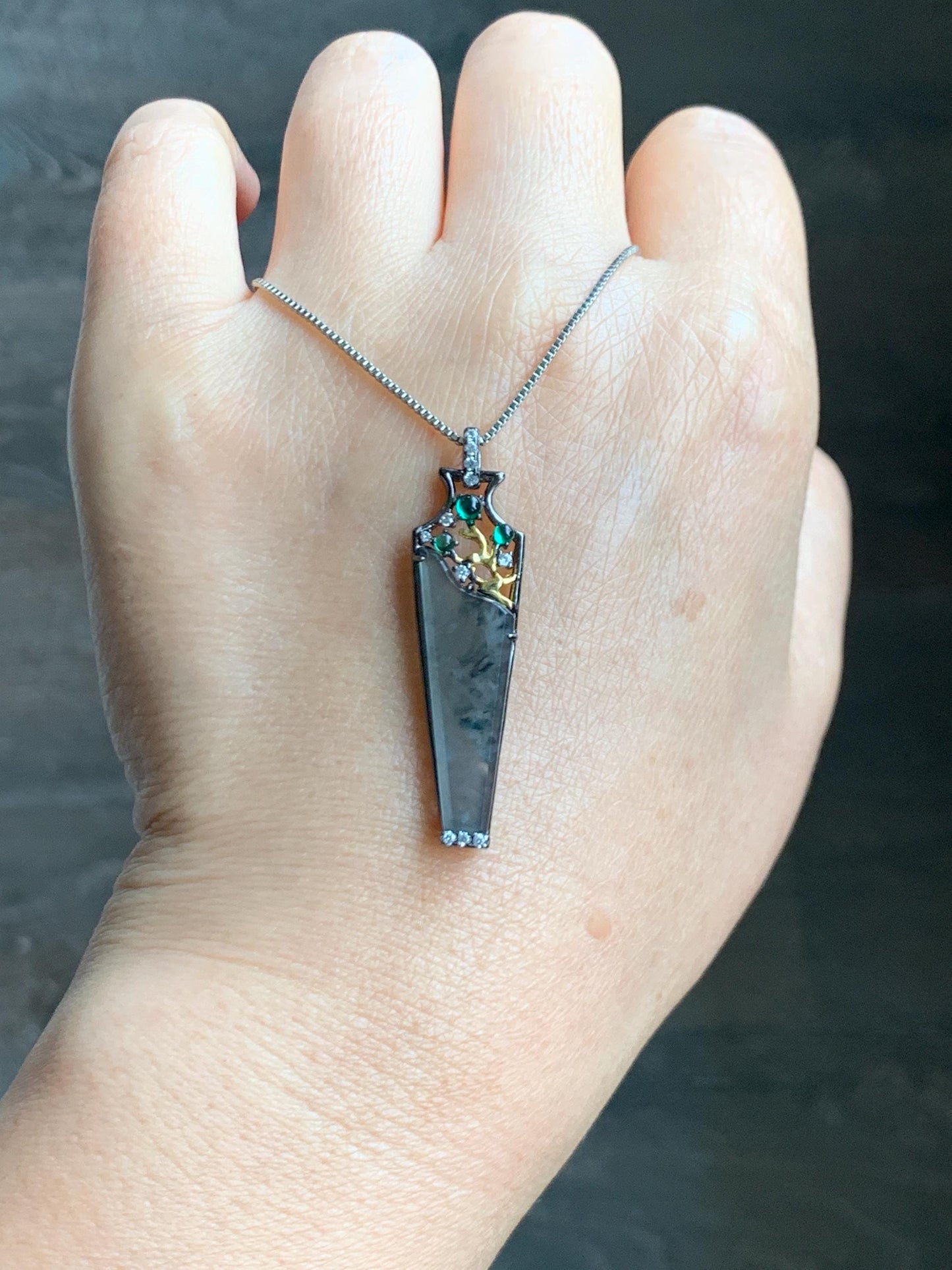 Certified Natural Grade A Guatemalan Icy Highly Translucent Wuji Jade Jadeite Wu Shi Pai Vase Pendant Sterling Silver 天然冰胶危乌鸡翡翠无事牌镶嵌花瓶吊坠 272