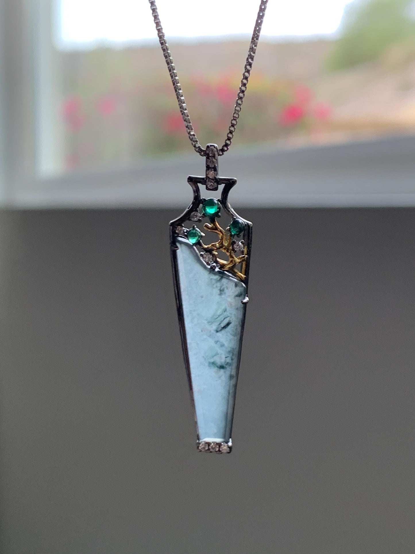 Certified Natural Grade A Guatemalan Icy Highly Translucent Wuji Jade Jadeite Wu Shi Pai Vase Pendant Sterling Silver 天然冰胶危乌鸡翡翠无事牌镶嵌花瓶吊坠 272