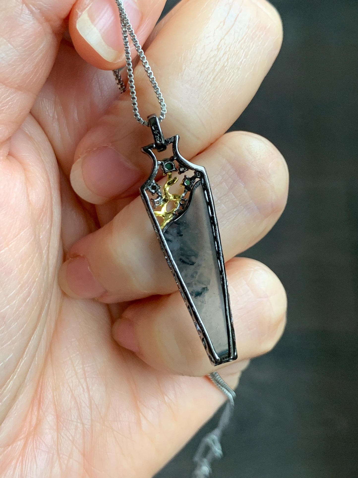 Certified Natural Grade A Guatemalan Icy Highly Translucent Wuji Jade Jadeite Wu Shi Pai Vase Pendant Sterling Silver 天然冰胶危乌鸡翡翠无事牌镶嵌花瓶吊坠 272