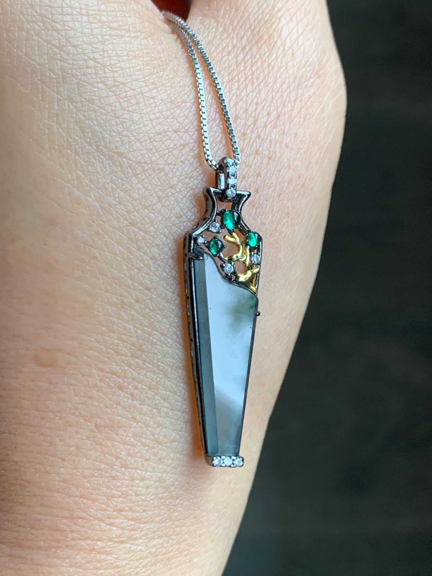 Certified Natural Grade A Guatemalan Icy Highly Translucent Wuji Jade Jadeite Wu Shi Pai Vase Pendant Sterling Silver 天然冰胶危乌鸡翡翠无事牌镶嵌花瓶吊坠 272