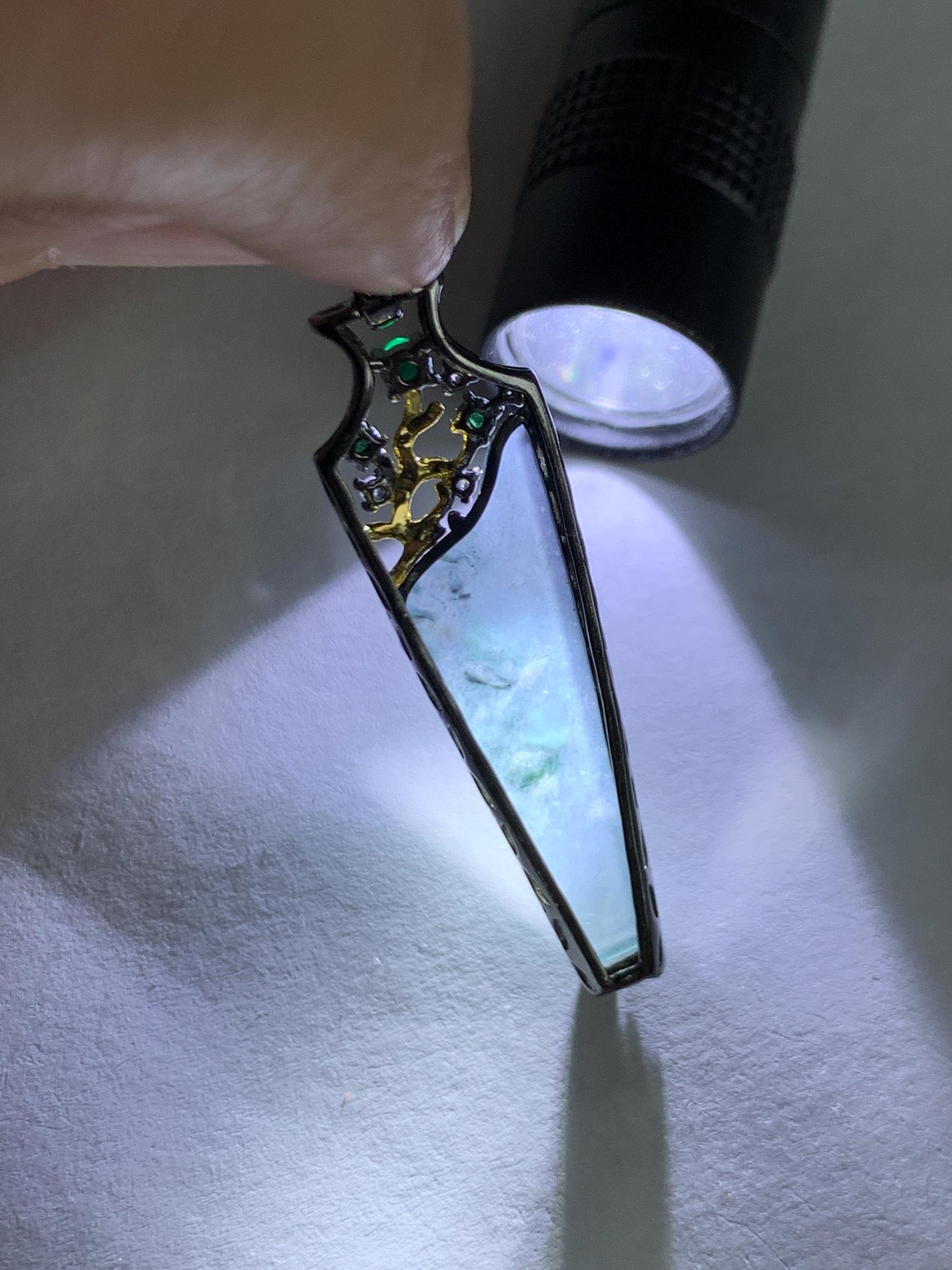 Certified Natural Grade A Guatemalan Icy Highly Translucent Wuji Jade Jadeite Wu Shi Pai Vase Pendant Sterling Silver 天然冰胶危乌鸡翡翠无事牌镶嵌花瓶吊坠 272