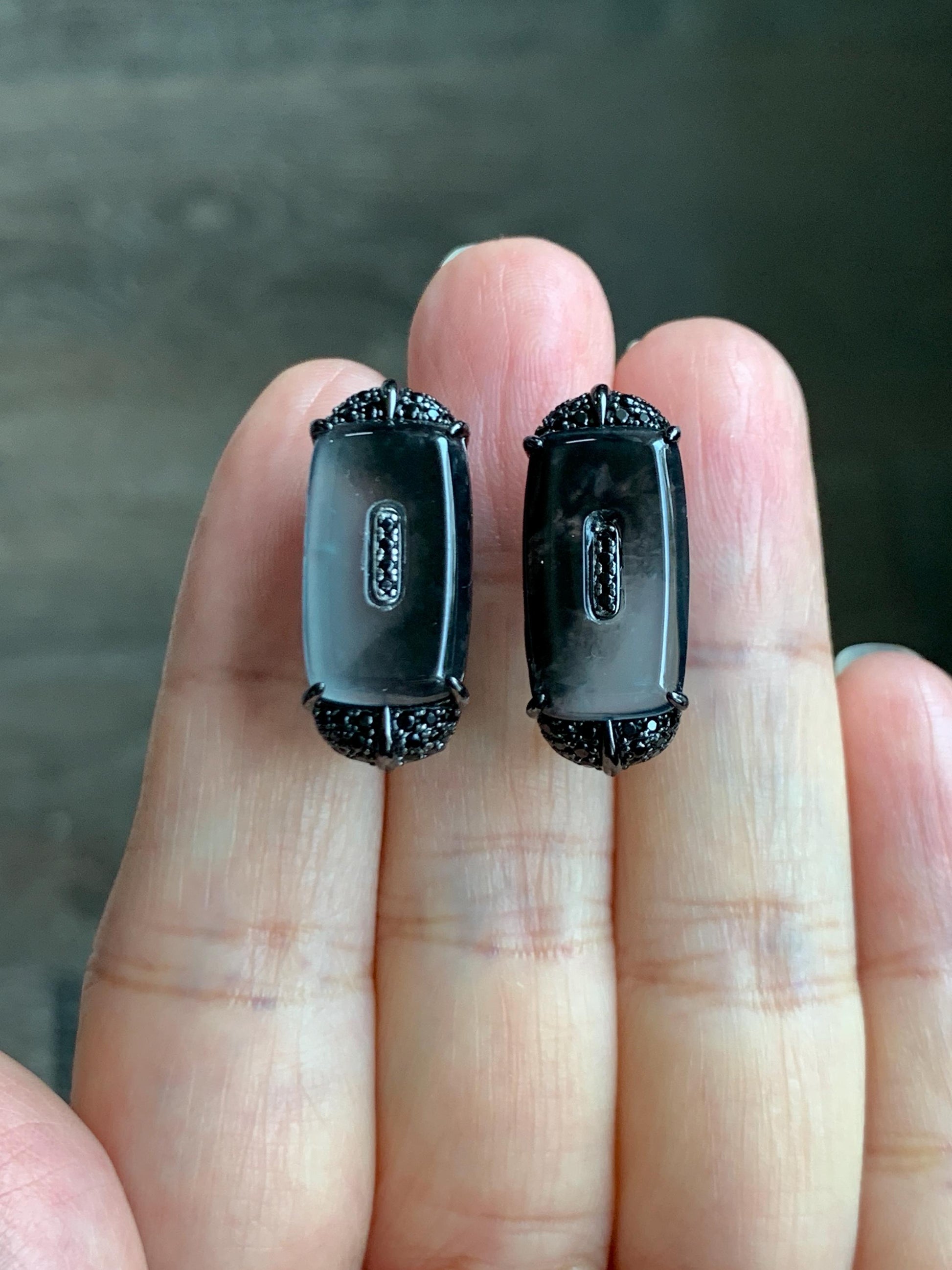 Certified Natural Grade A Guatemalan Icy Highly Translucent Wuji Jade Jadeite Earrings Omega Back Studs Sterling Silver 天然冰胶危乌鸡翡翠镶嵌耳环 273