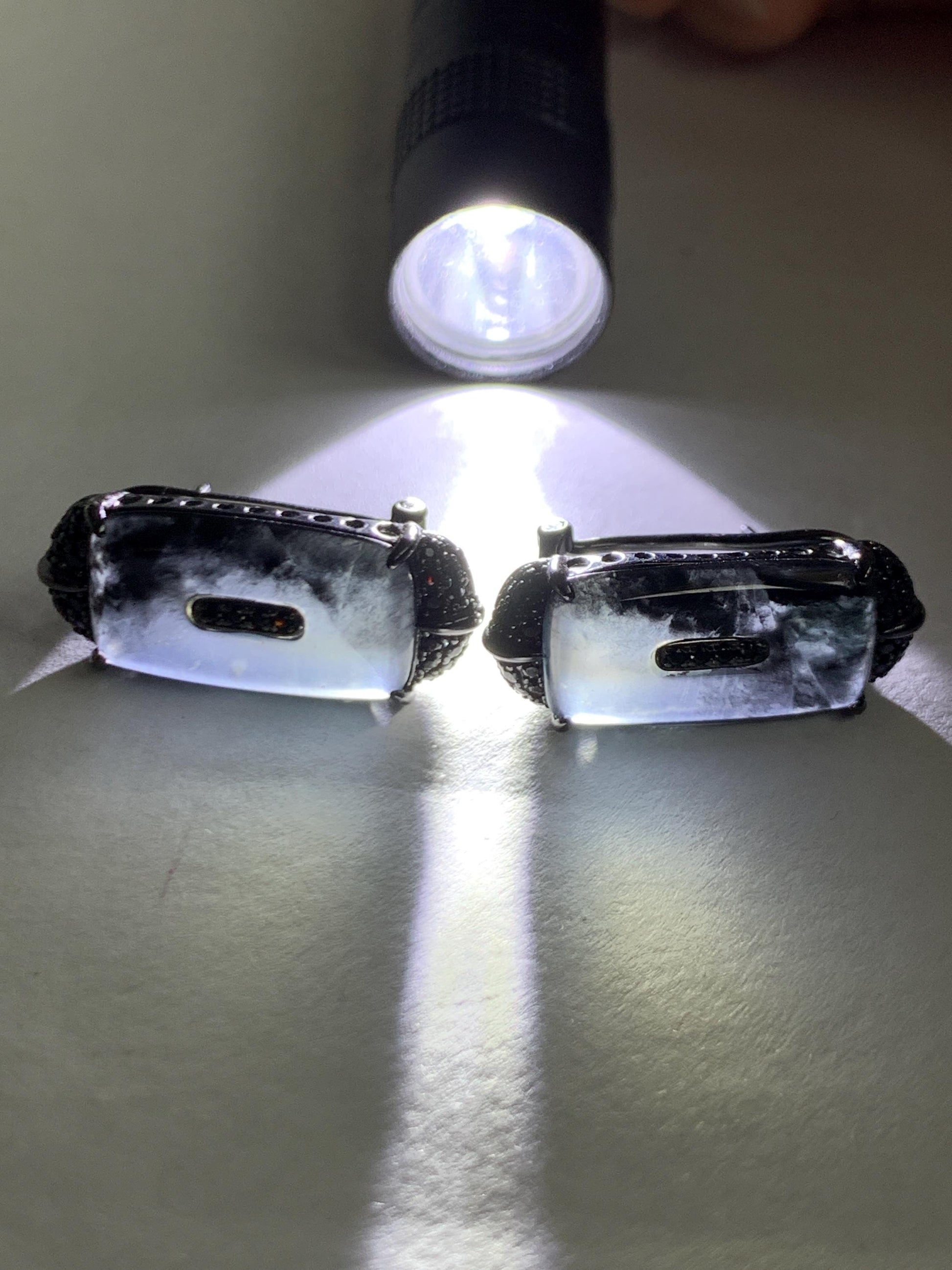 Certified Natural Grade A Guatemalan Icy Highly Translucent Wuji Jade Jadeite Earrings Omega Back Studs Sterling Silver 天然冰胶危乌鸡翡翠镶嵌耳环 273