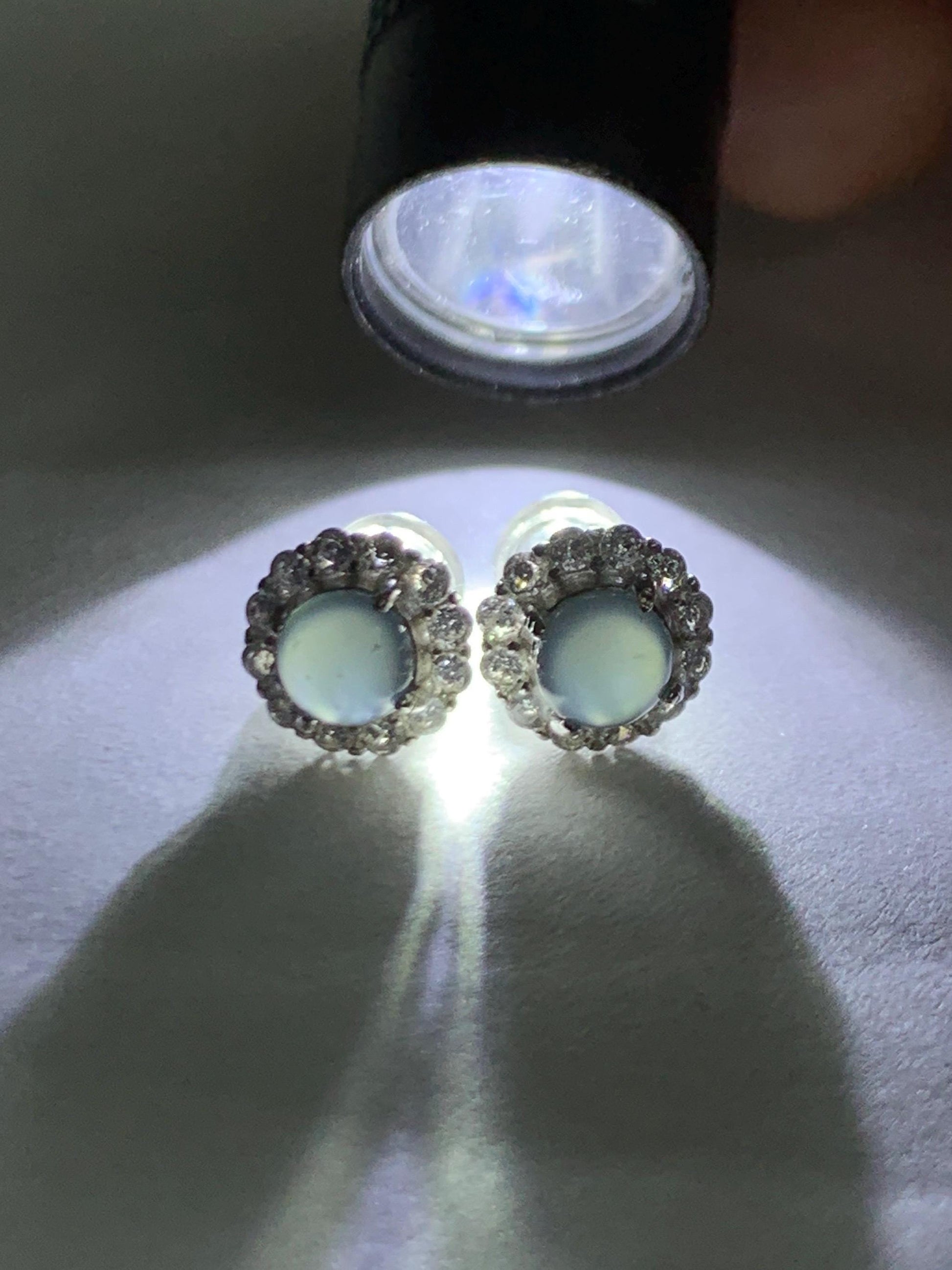 Natural grade A Guatemalan Icy Highly Translucent Light Teal Blue Jade Jadeite Halo Style Stud Earrings Sterling Silver 天然冰危蓝翡翠银镶耳钉 XLE66